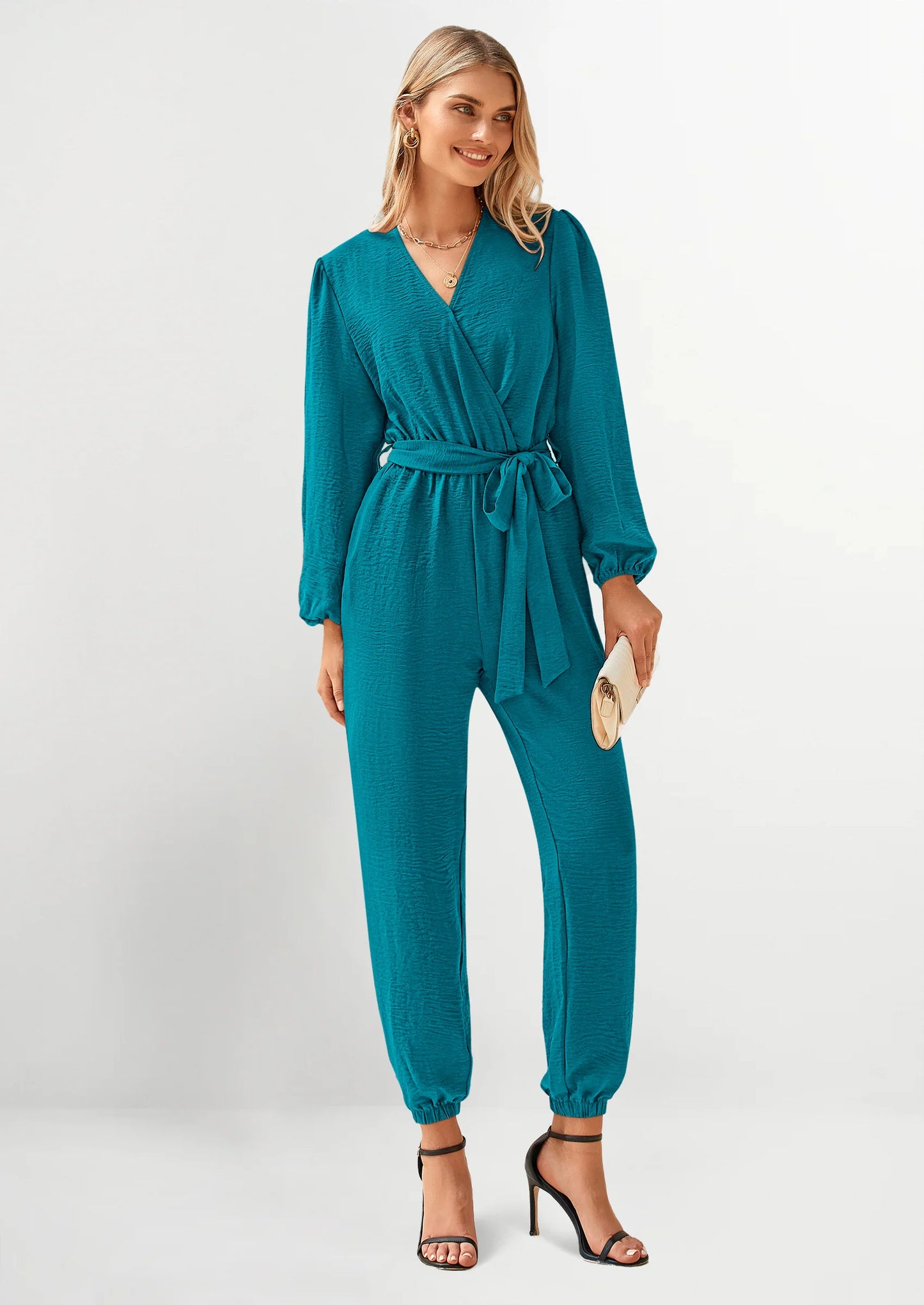 Women's Fall Jumpsuits Dressy Casual Pants Romper Spring Long Sleeve V Neck Belt Pockets One Piece Outfits