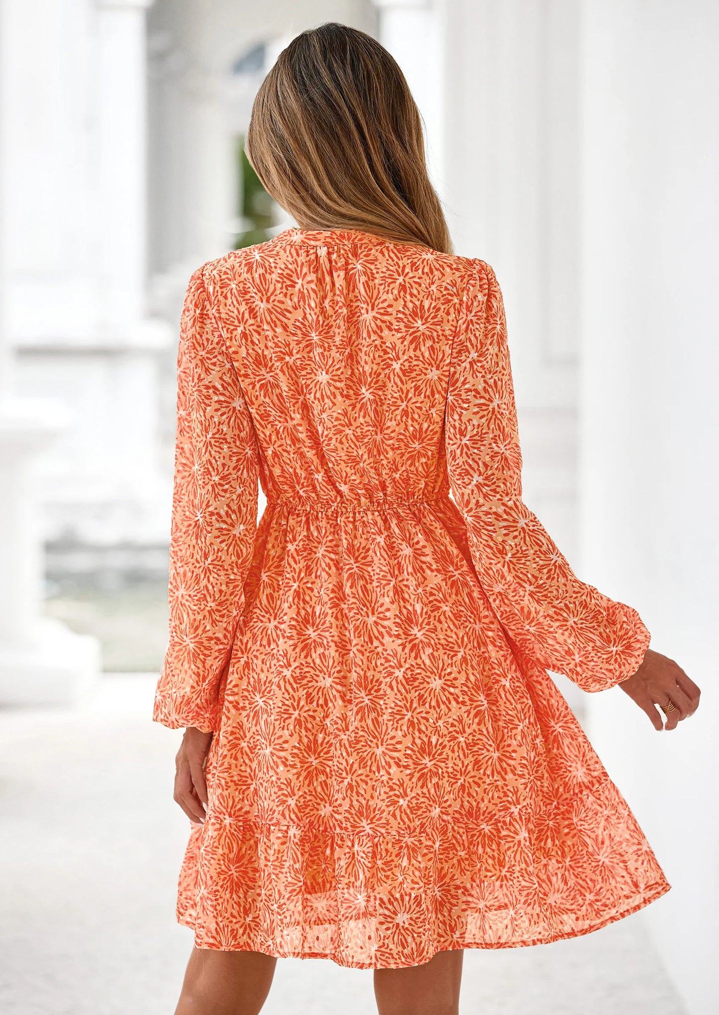 Women's Fall Boho Dresses Floral Long Sleeve V Neck Mini Flowy Wedding Guest Dress Trendy Vacation Outfits