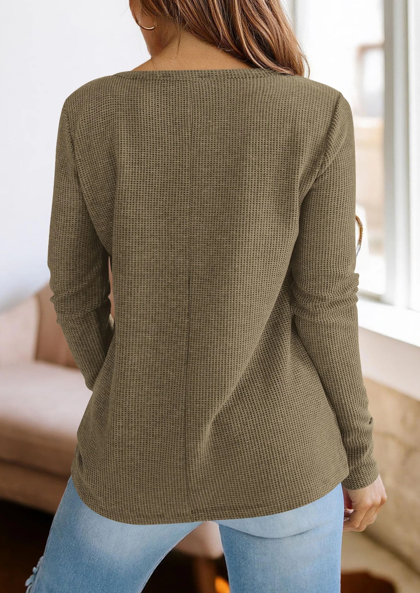 Long Sleeve Shirts for Women Fall V Neck Waffle Basic Tee Dressy Casual Winter Blouses Knit Tunic Tops