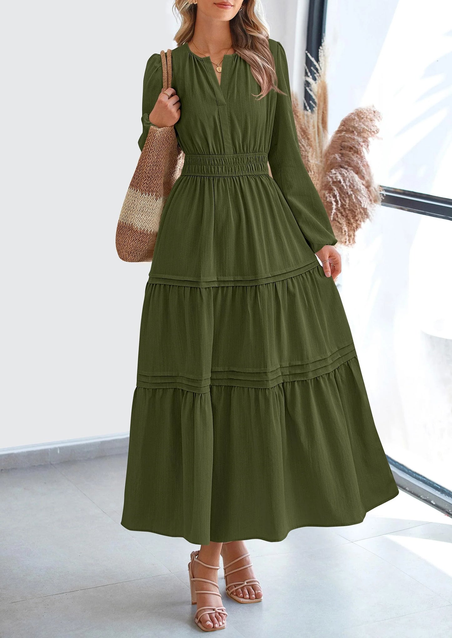 Women's Elegant Maxi Dresses Long Sleeve V Neck Flowy Pockets Casual Modest Dress Fall Fashion Clothes