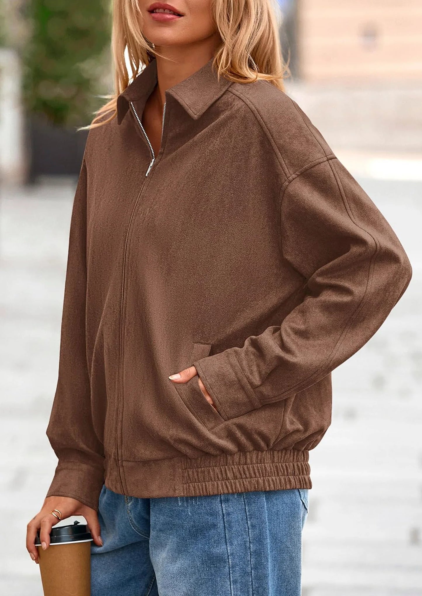Women's Faux Suede Motorcycle Jacket Trendy Fall Fashion Oversized Zip Up Coats Winter Clothes Outerwear