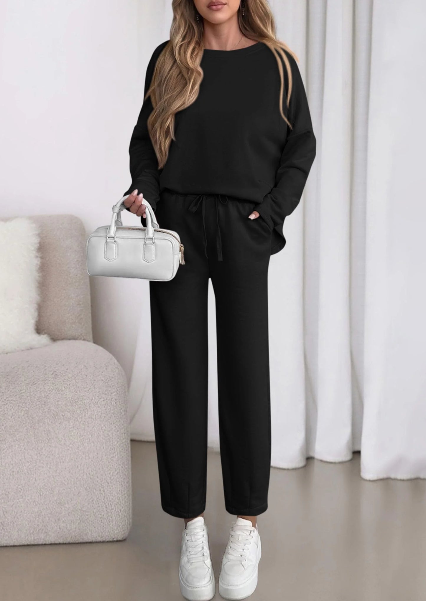 Womens 2 Piece Matching Lounge Sets Fall Long Sleeve Boatneck Sweatsuit Drawstring Sweatpants Pockets