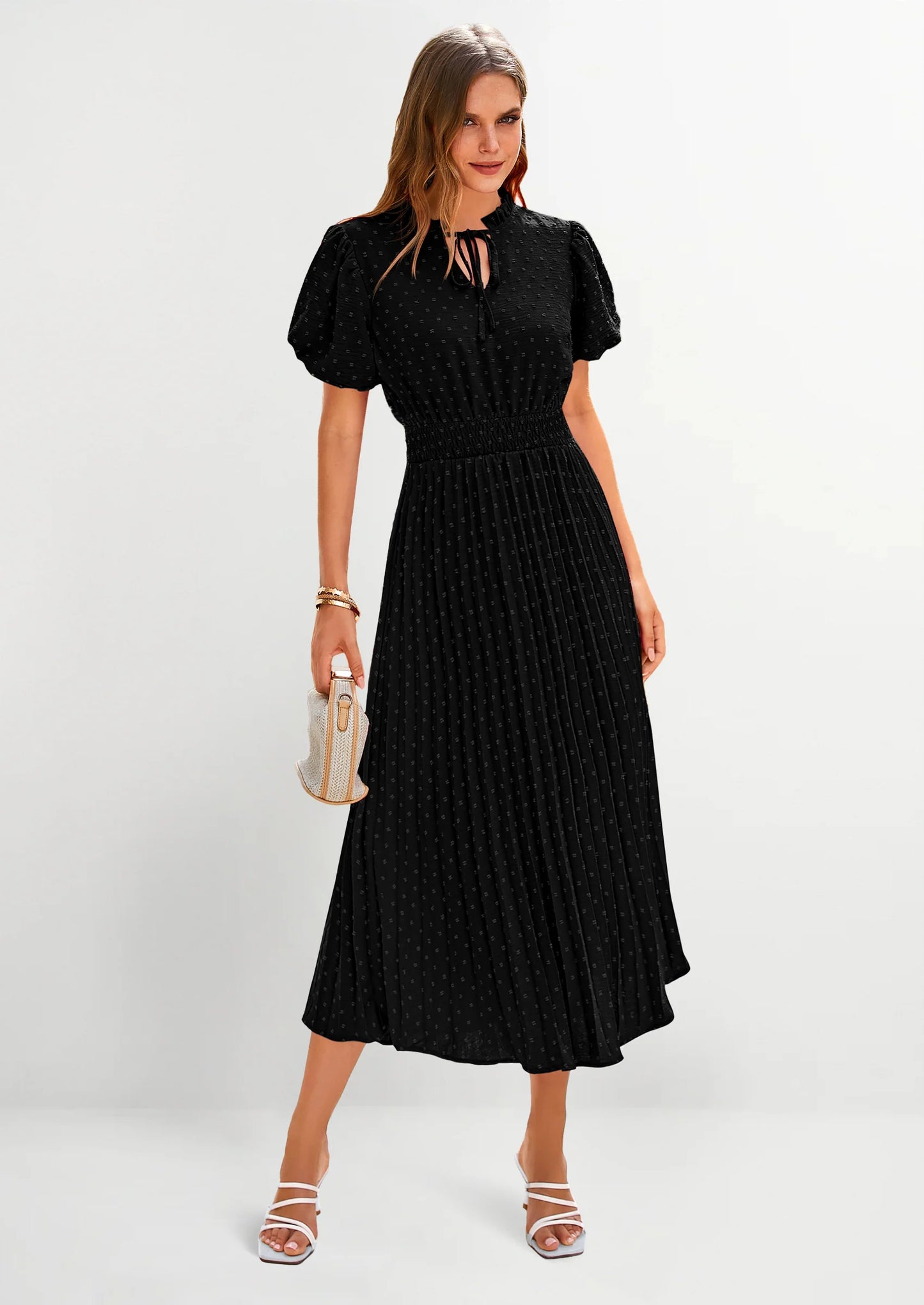 Womens Midi Dresses Puff Short Sleeve V Neck Swiss Dot Pleated A Line Flowy Long Wedding Guest Dress