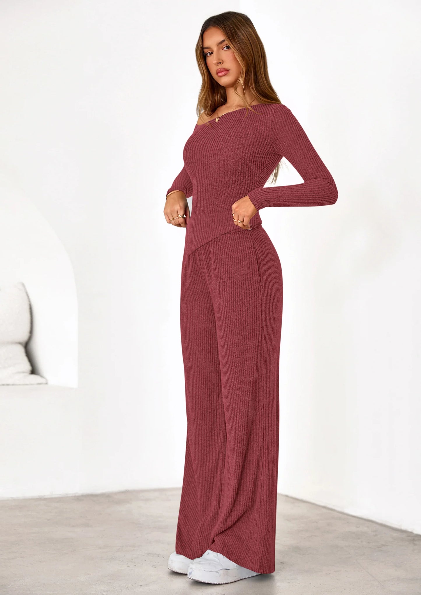 Casual Two Piece Sets for Women Fall Outfits Asymmetrical Off Shoulder Tops Wide Leg Pants Knit Lounge Set