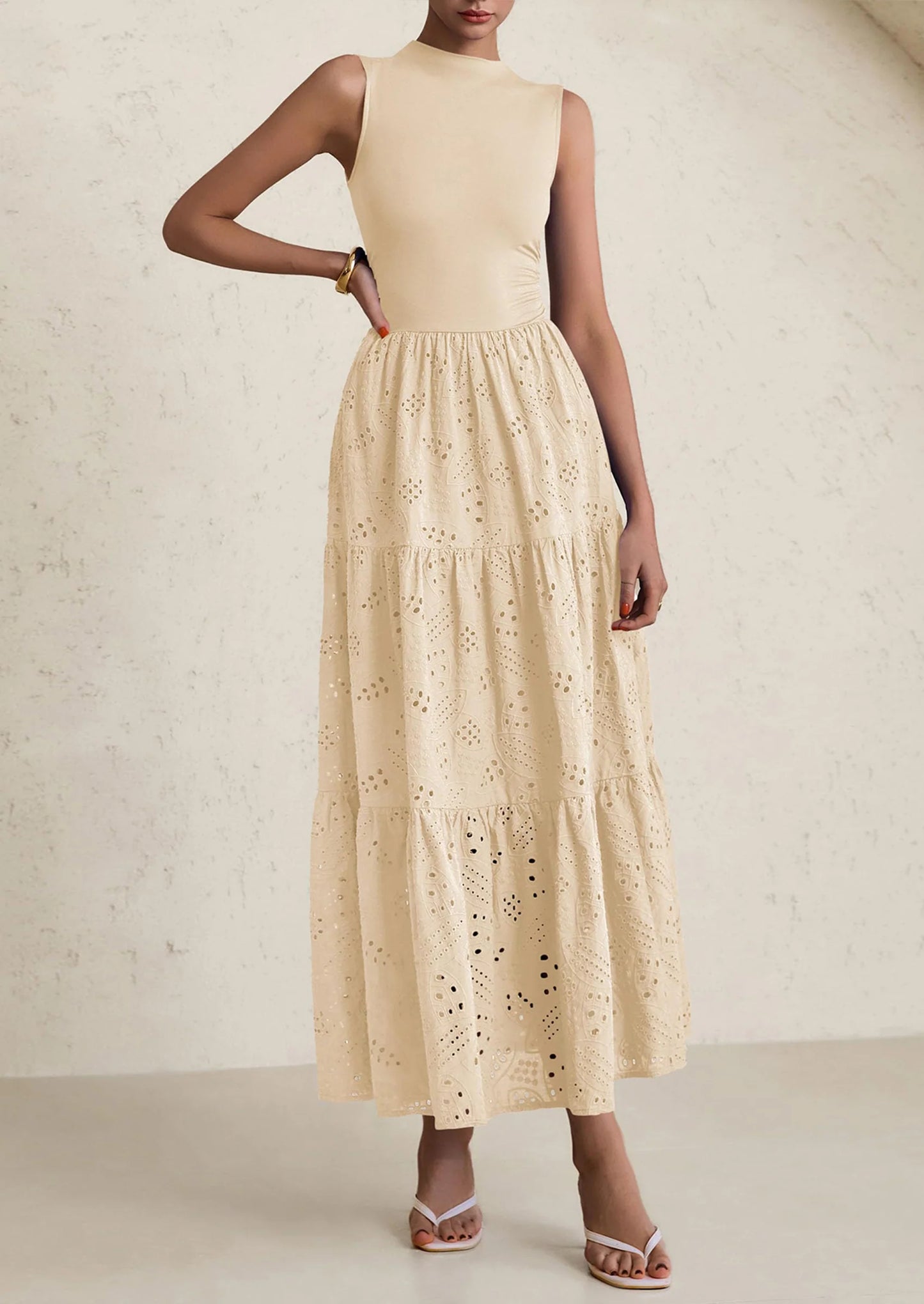 Dresses for Women Casual Eyelet Sleeveless Wedding Guest Maxi Dress Tank Top Sundress with Pockets