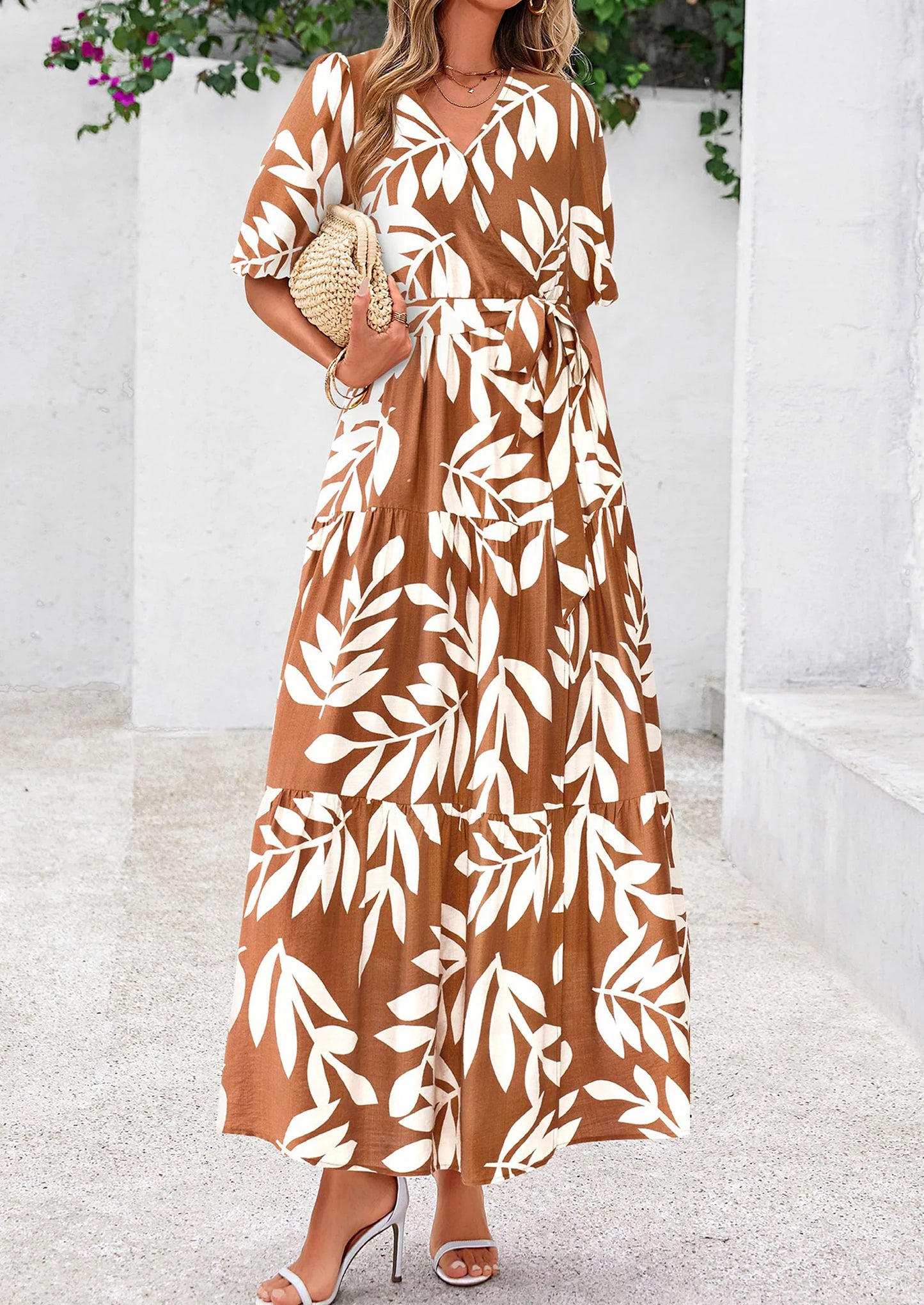 Women's Maxi Dress Resort Wear Boho Floral V Neck Puff Short Sleeve Ruffle Flowy Beach Long Dresses