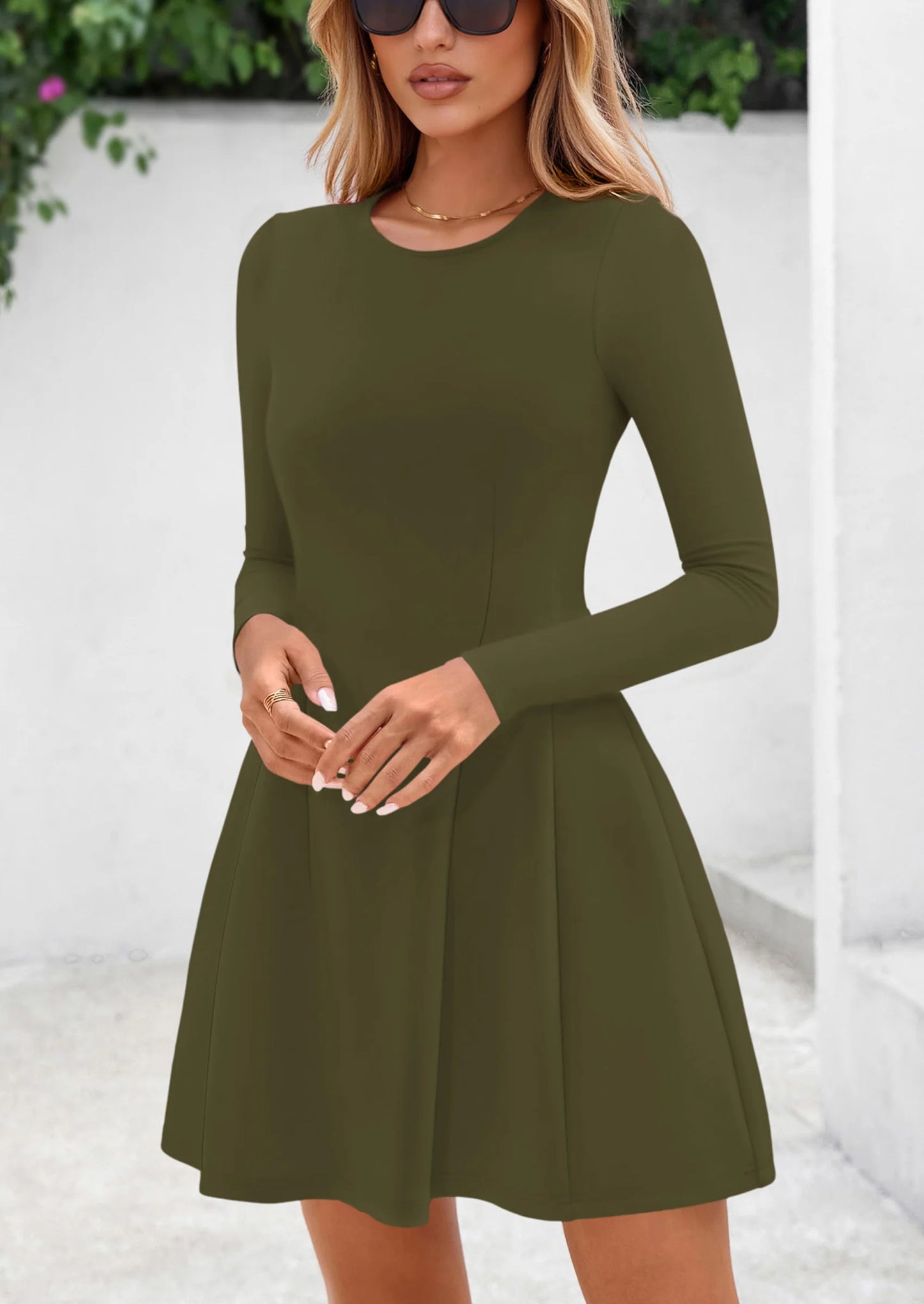 Long Sleeve Mini Dress for Women Fall Crewneck Knit Pleated Babydoll A Line Soft Casual Short Party Dresses