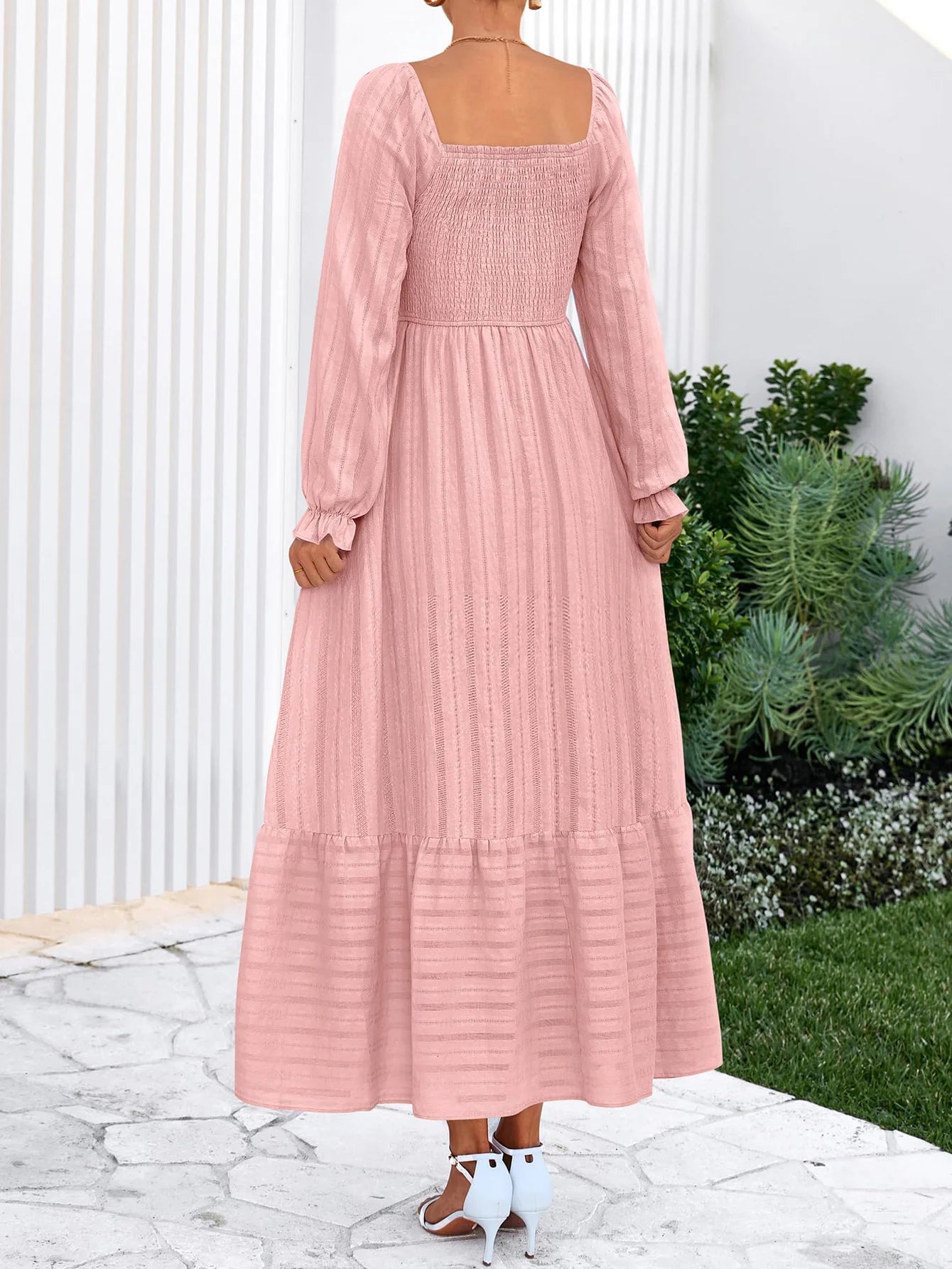 BTFBM Women Maxi Fall Dresses Long Sleeve Solid Color Square Neck Smocked Boho Long Wedding Guest Dress