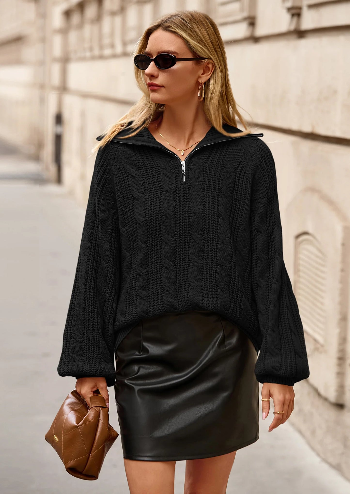 BTFBM Sweaters for Women Fall Fashion Loose Quarter Zip Pullover Collared Long Sleeve Cable Knit Winter Clothes