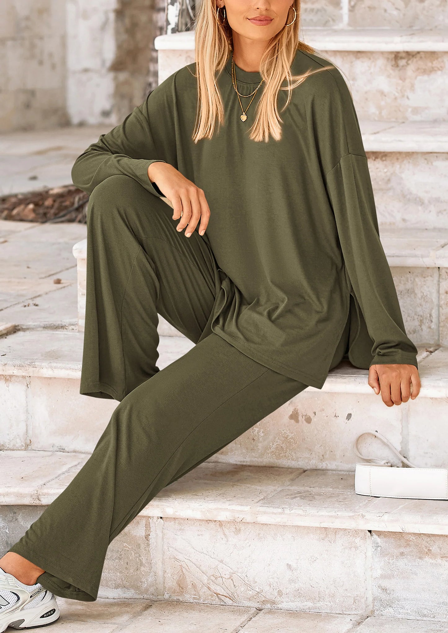 Women's Two Piece Lounge Sets Matching Long Sleeve Shirts Wide Leg Pants Tracksuits Travel Outfits Fall Clothes