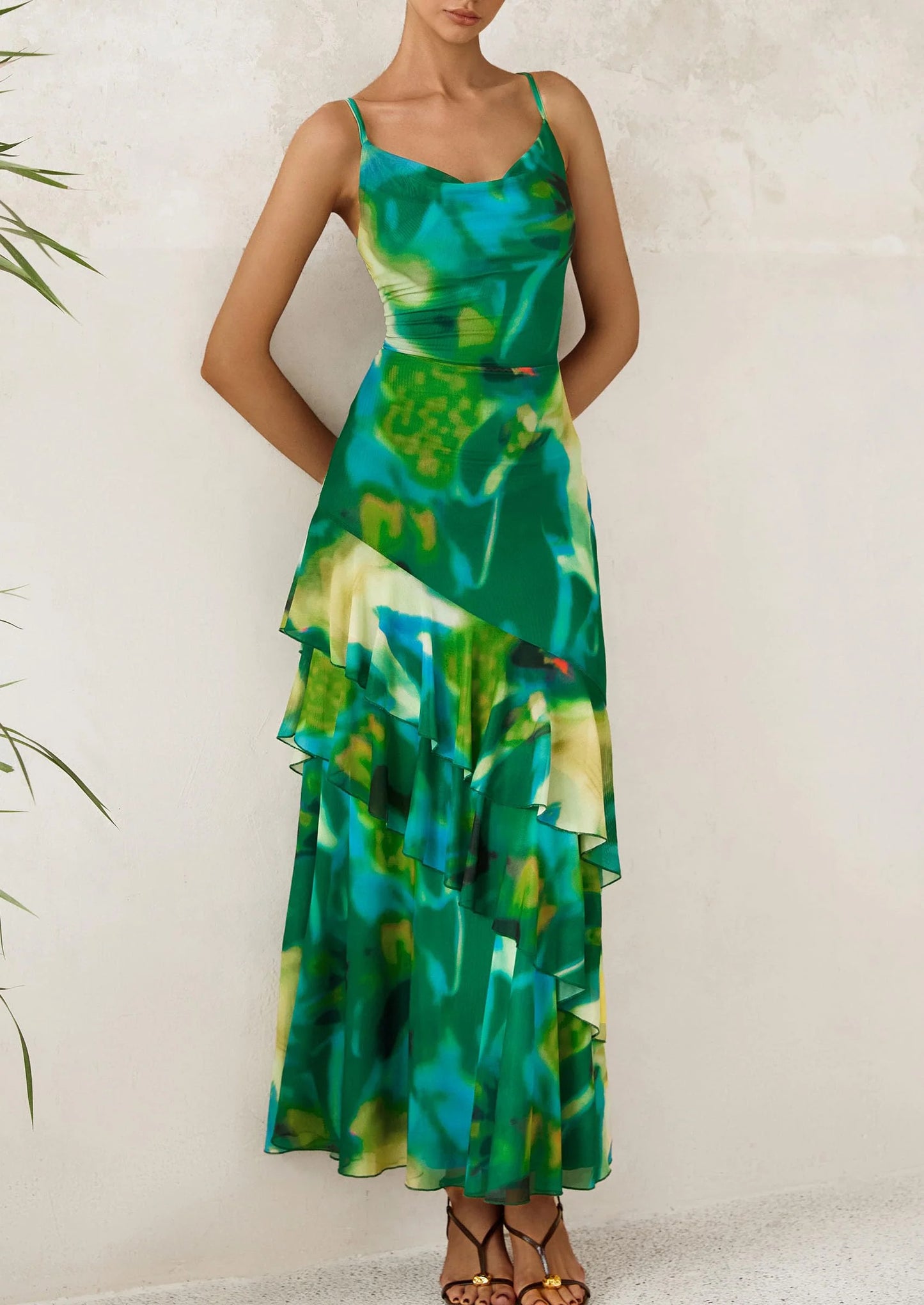Maxi Dresses for Women Floral Beach Sundress Spaghetti Strap Tiered Wedding Guest Long Dress
