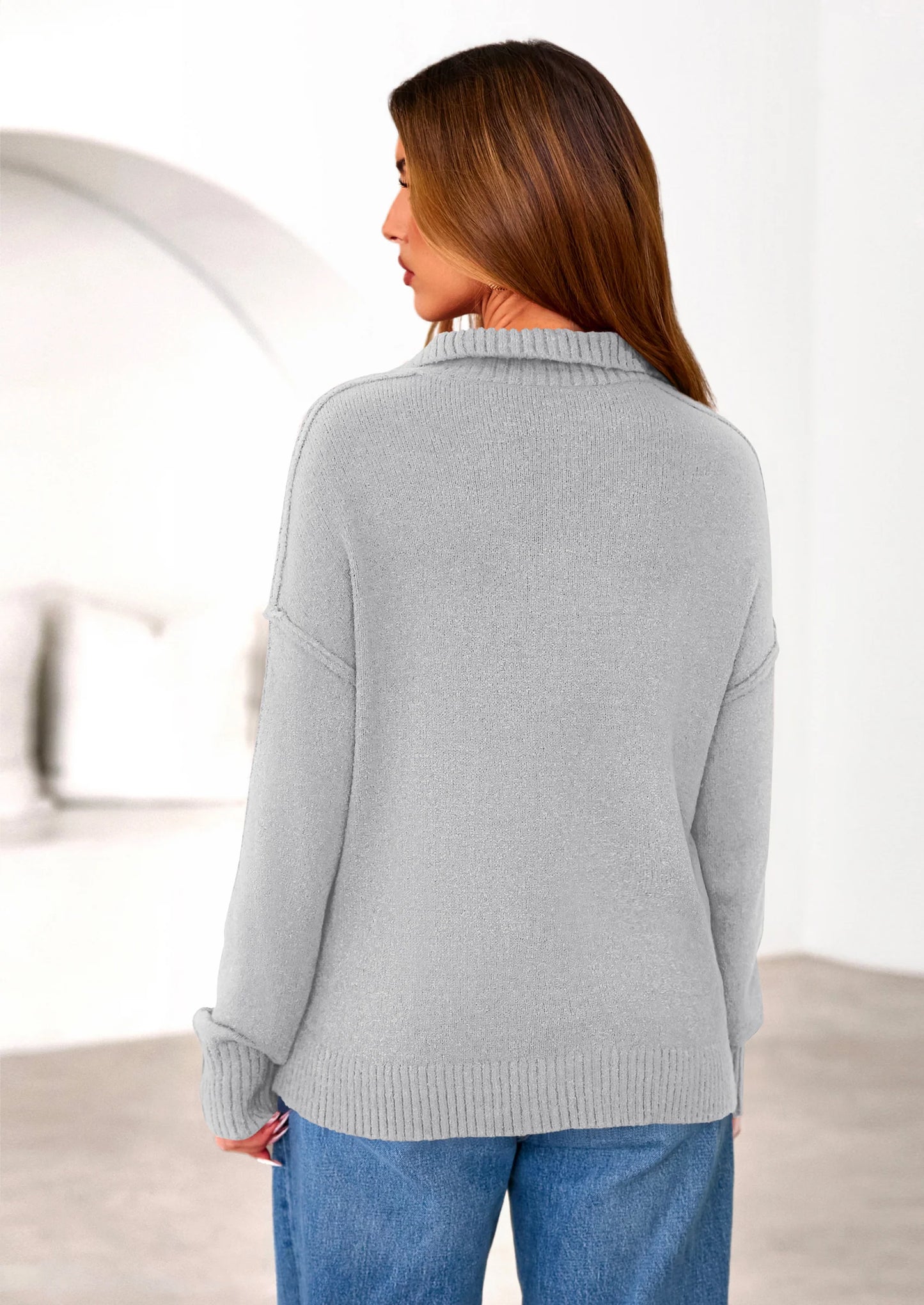 Womens Sweaters Quarter Zip Pullover Early Fall Fashion Long Sleeve V Neck Collared Knit Winter Jumper Tops