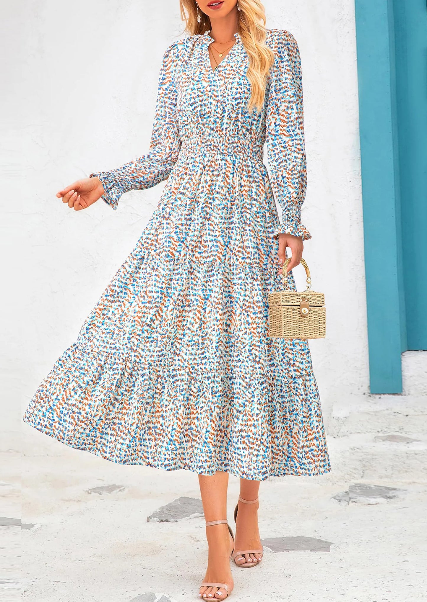 Women's Floral Maxi Dress Spring Long Sleeve V Neck Casual A Line Long Flowy Boho Party Dresses