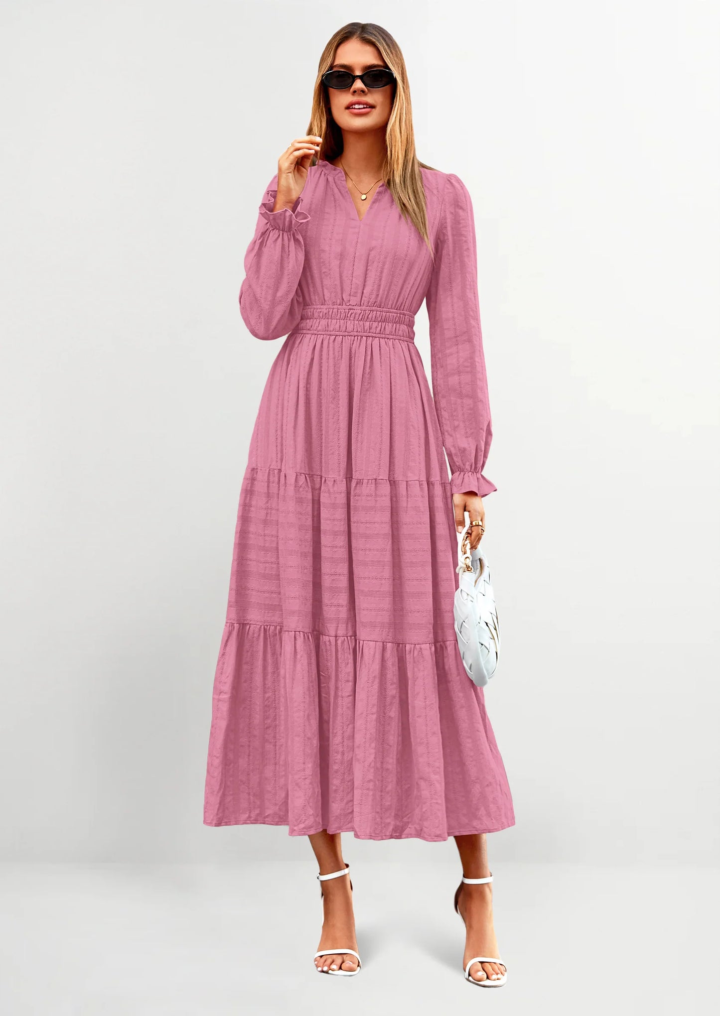 Women's Fall Wedding Guest Dresses Long Sleeve V Neck Flowy Elegant Holiday Party Maxi Dress with Pockets