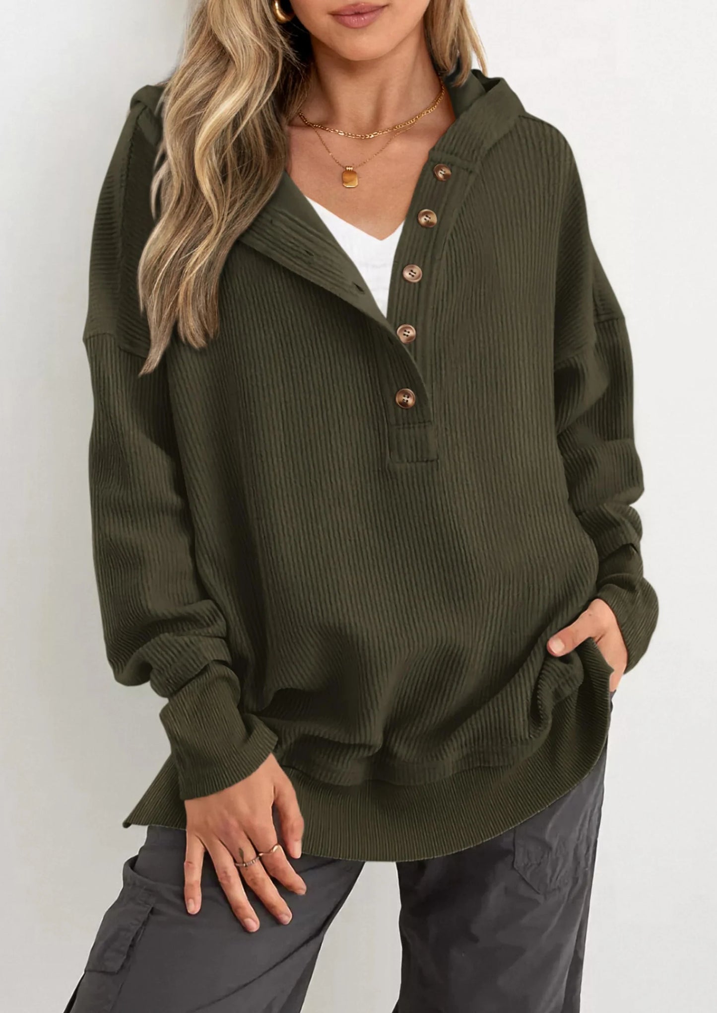 Womens Fashion Oversized Long Sleeve Hoodie Button Down V Neck Sweatshirt Side Slit Casual Pullover Tops
