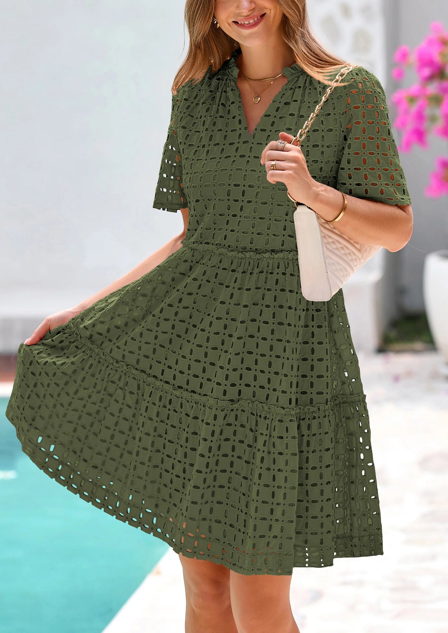 Women's Short Sleeve Mini Dress Summer V Neck Hollow Out Eyelet Ruffle A Line Swing Short Dresses