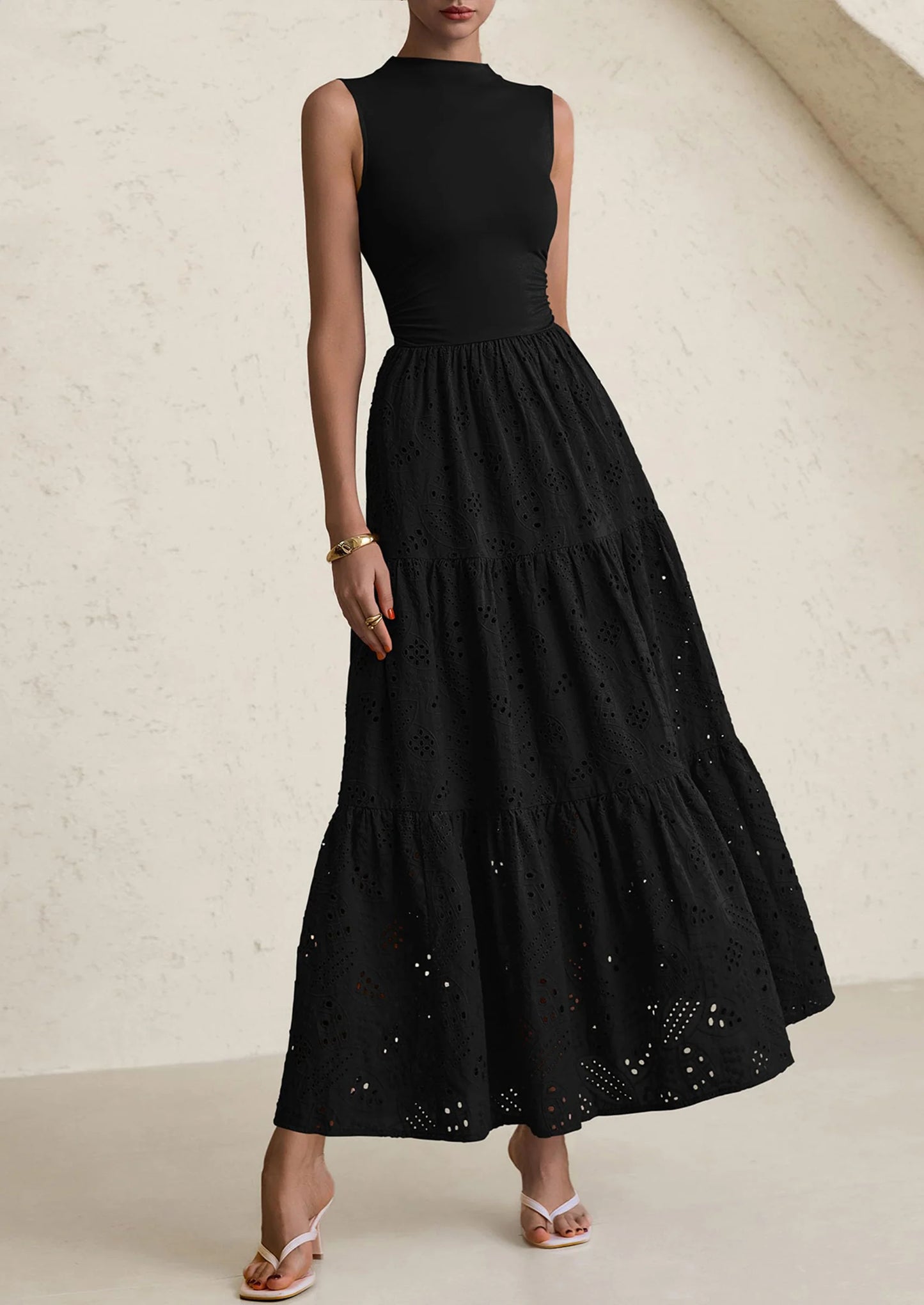 Dresses for Women Casual Eyelet Sleeveless Wedding Guest Maxi Dress Tank Top Sundress with Pockets