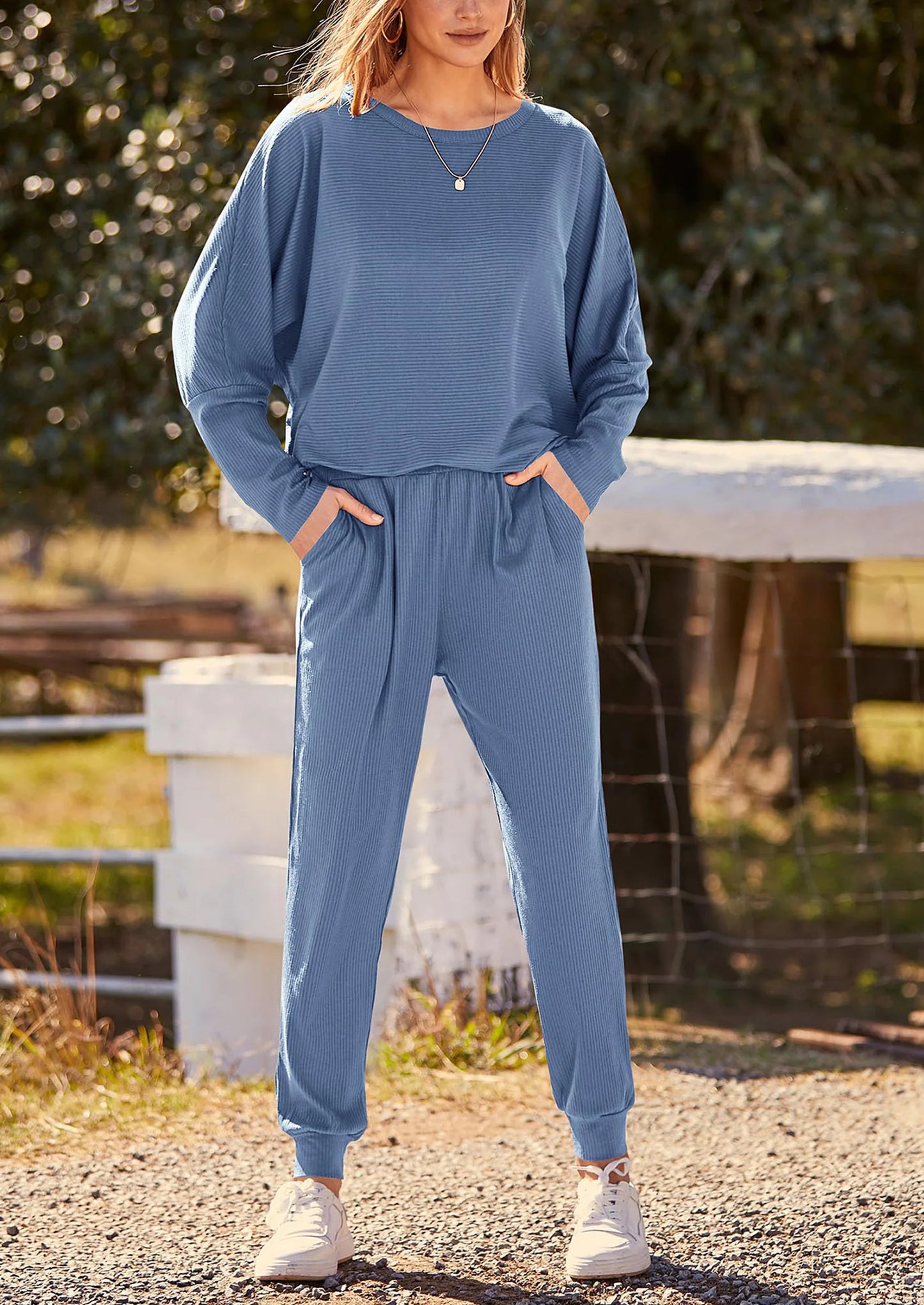 Women's Fall 2 Piece Lounge Set Long Sleeve Tops Ribbed Pants Spring Matching Sweatsuit Travel Outfits Clothes