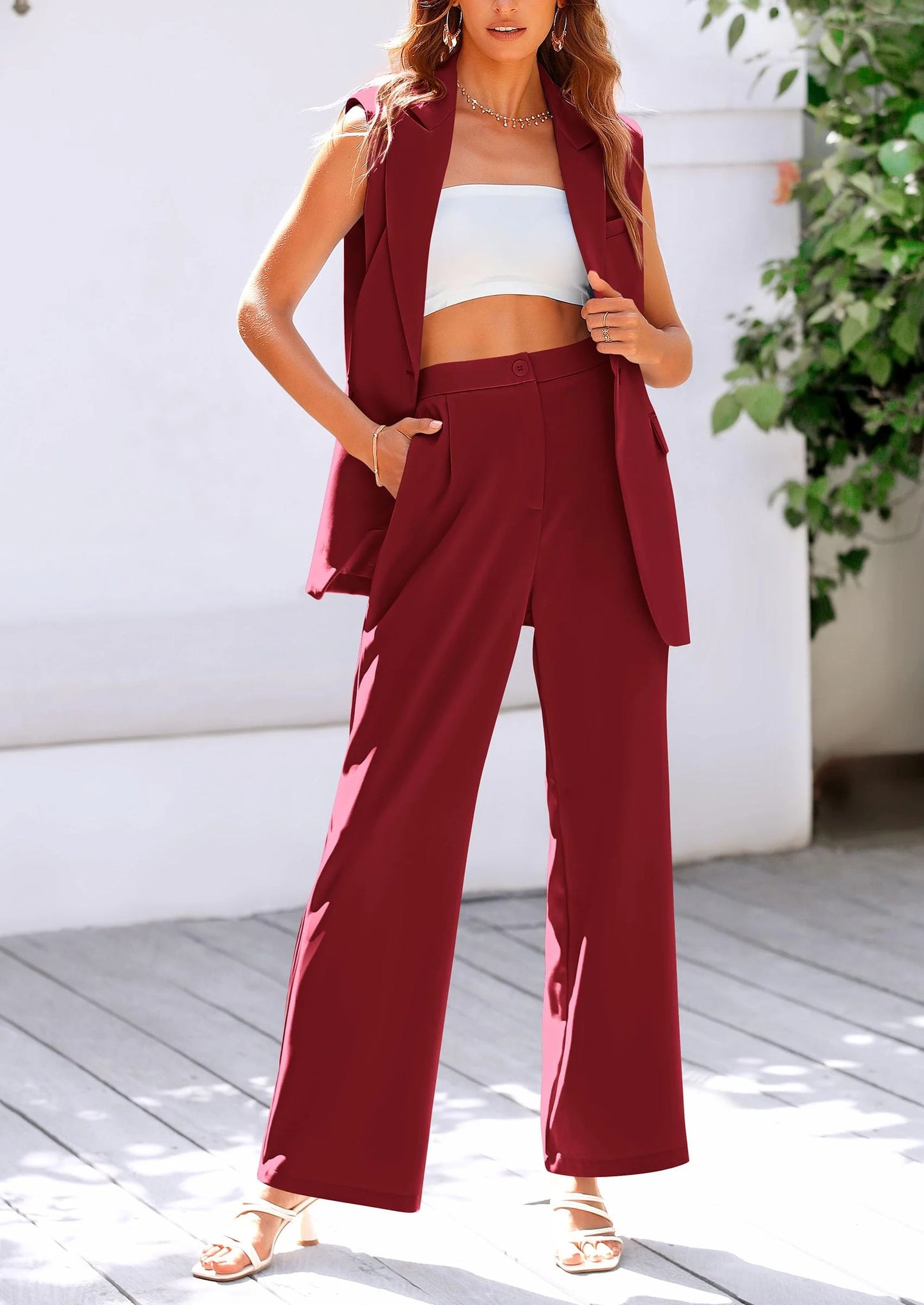 Women's 2 Piece Outfits Sleeveless Suit Vest and Wide Leg Pants Business Casual Blazer Sets