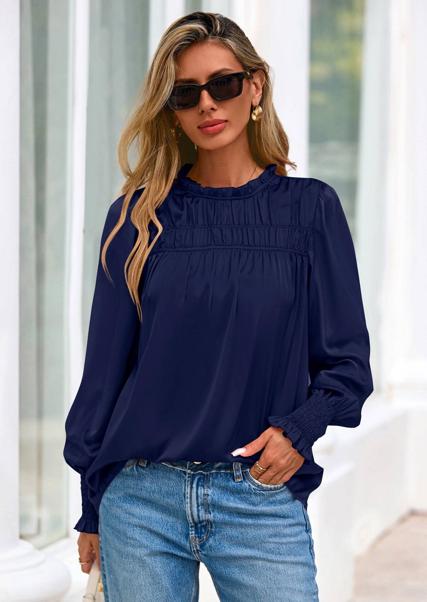 Blouses for Women Dressy Casual Fall Outfits Frill Neck Long Sleeve Shirts Satin Work Business Casual Tops