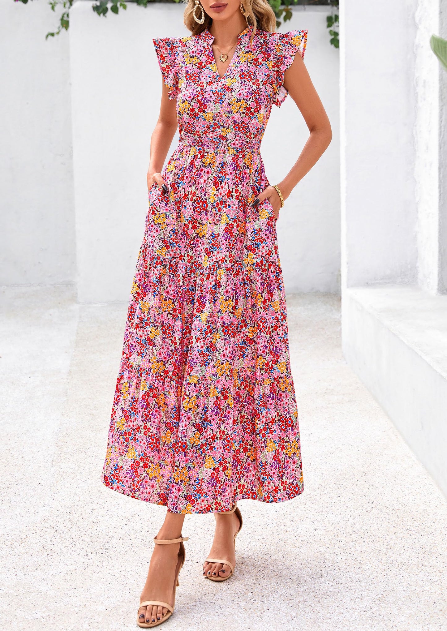 Women's Summer Floral Midi Dress Cap Sleeve V Neck Ruffle Long Flowy Boho Casual Beach Vacation Dresses