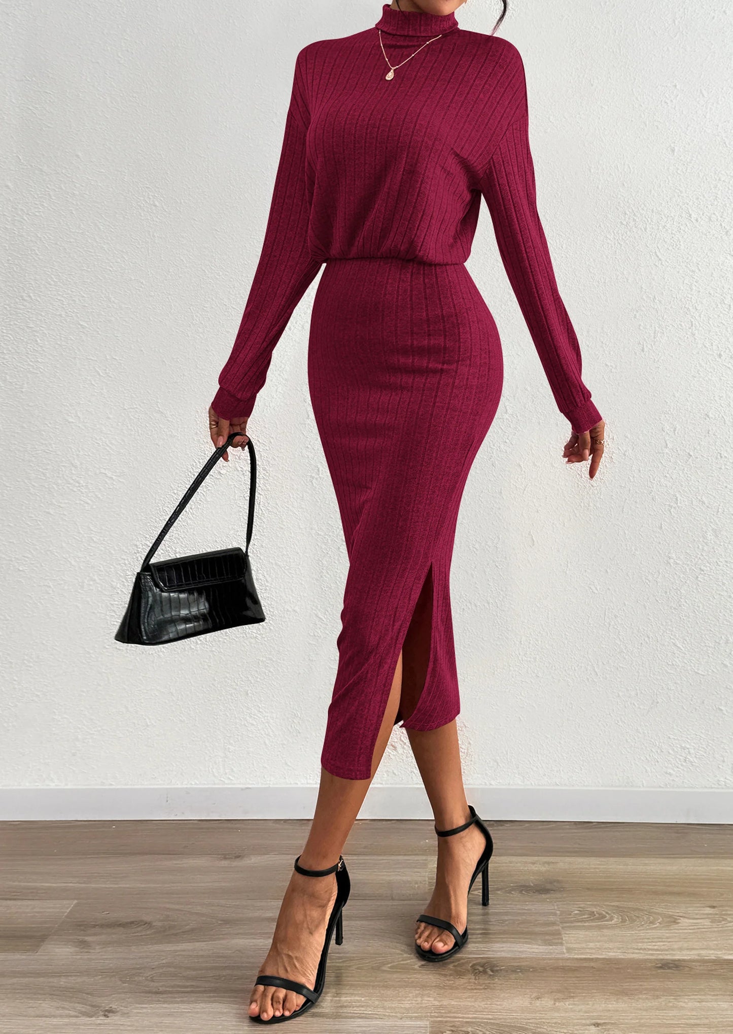 Turtle Neck Dresses for Women Fall Knit Outfits Slit Elastic Waist Long Sleeve Bodycon Midi Sweater Dress