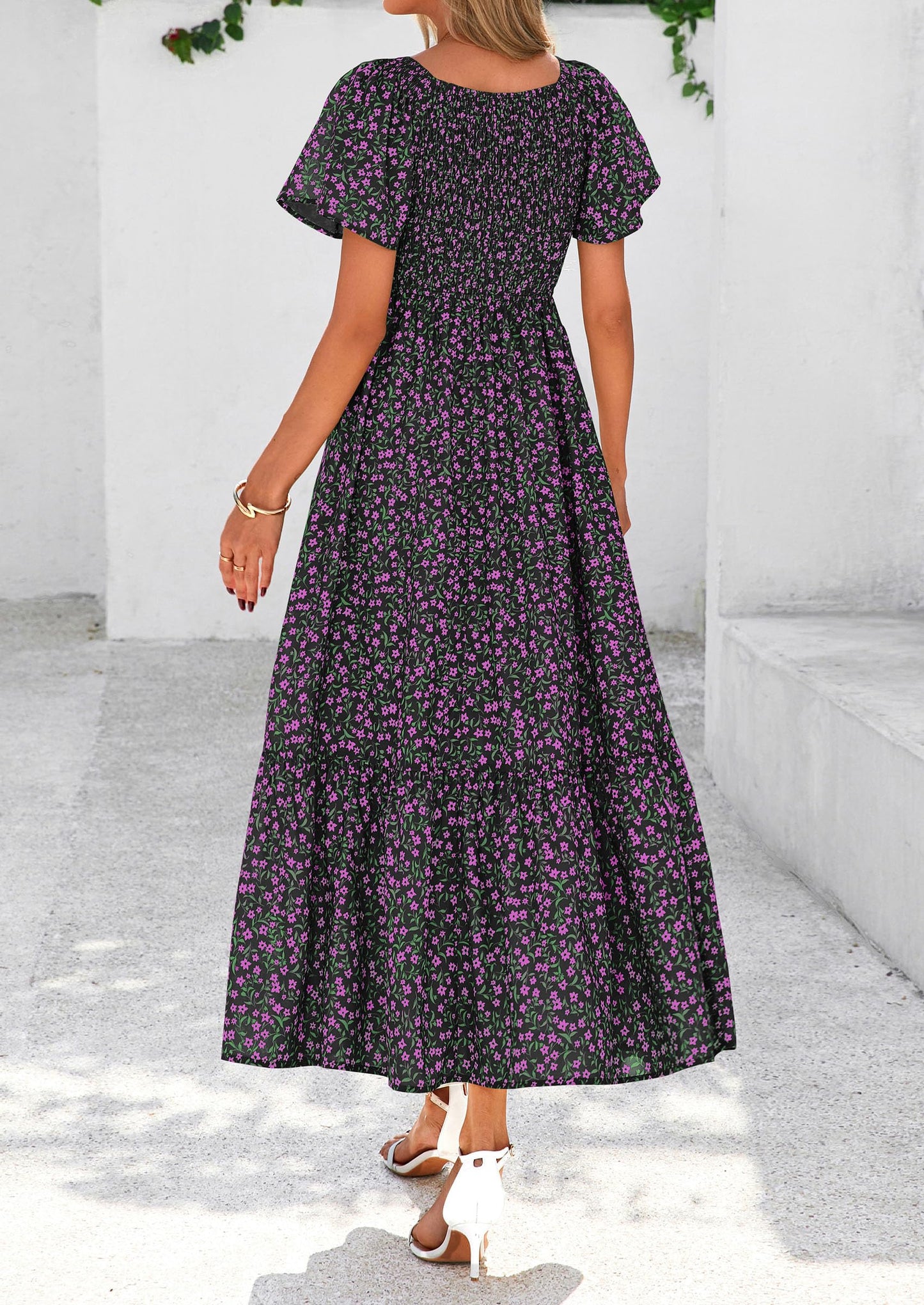 Women Floral Boho Maxi Dresses Short Sleeve V Neck Smocked A Line Long Flowy Beach Vacation Dress