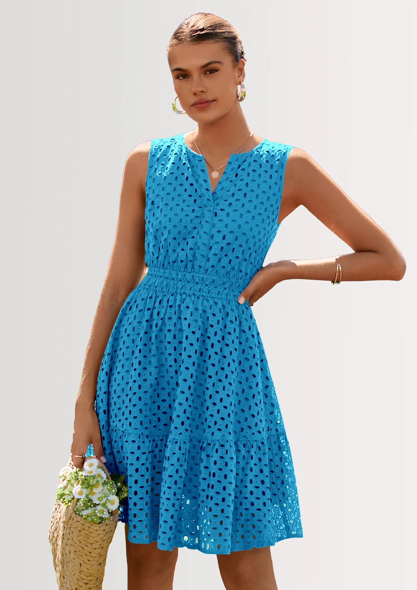 Women's Summer Dresses Sleeveless V Neck Eyelet Hollow Out Swing A Line Beach Vacation Sun Dress