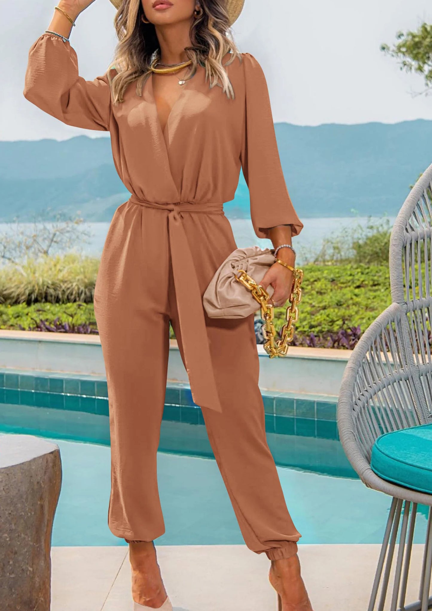 Women's Fall Jumpsuits Dressy Casual Pants Romper Spring Long Sleeve V Neck Belt Pockets One Piece Outfits