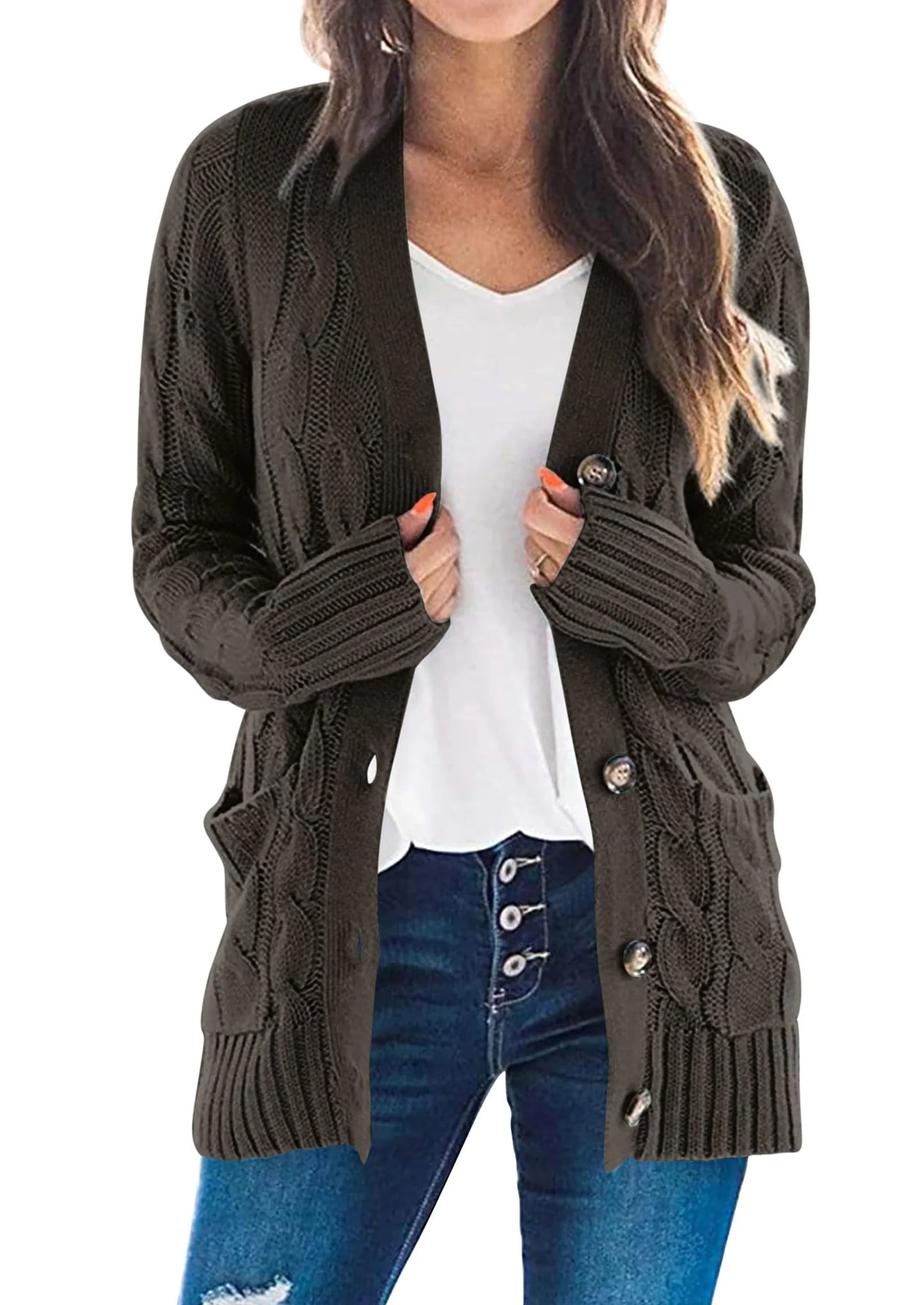 Women's Open Front Cardigan Sweaters Fall Fashion Button Down Cable Knit Chunky Winter Outerwear Coats