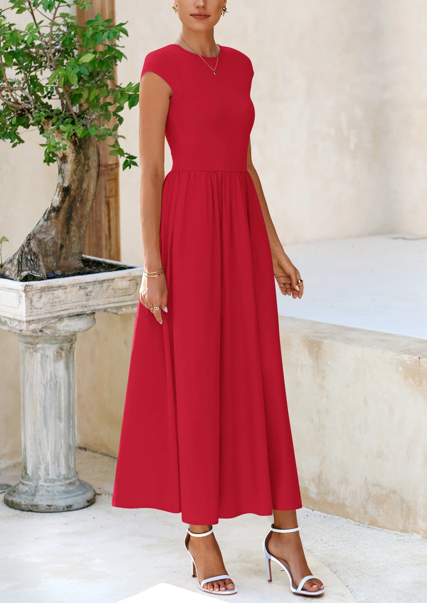 Women's Casual Long Dresses Cap Sleeve Patchwork A Line Flowy Modest Elegant Homecoming Maxi Dress