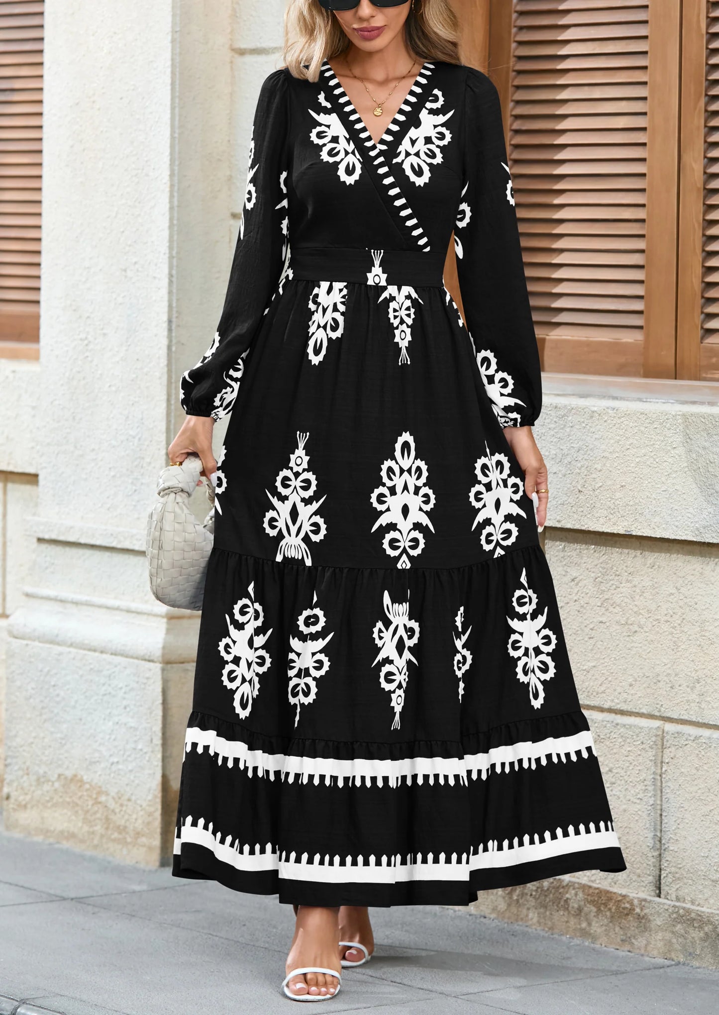 Women's Fall Wedding Guest Dresses Boho Floral Long Sleeve V Neck Flowy Elegant Maxi Dress Beach Clothes