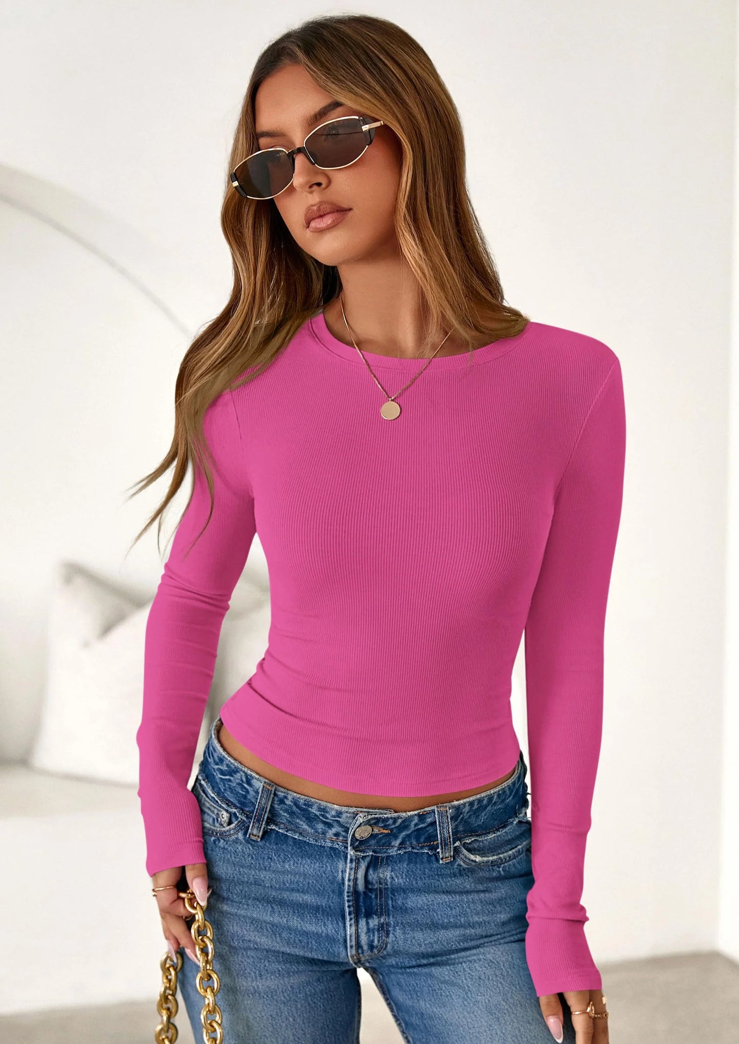 Womens Summer Fall Long Sleeve Shirts Ribbed Knit Fitted Basic Tee Going Out Tops Underscrub Casual Outfits