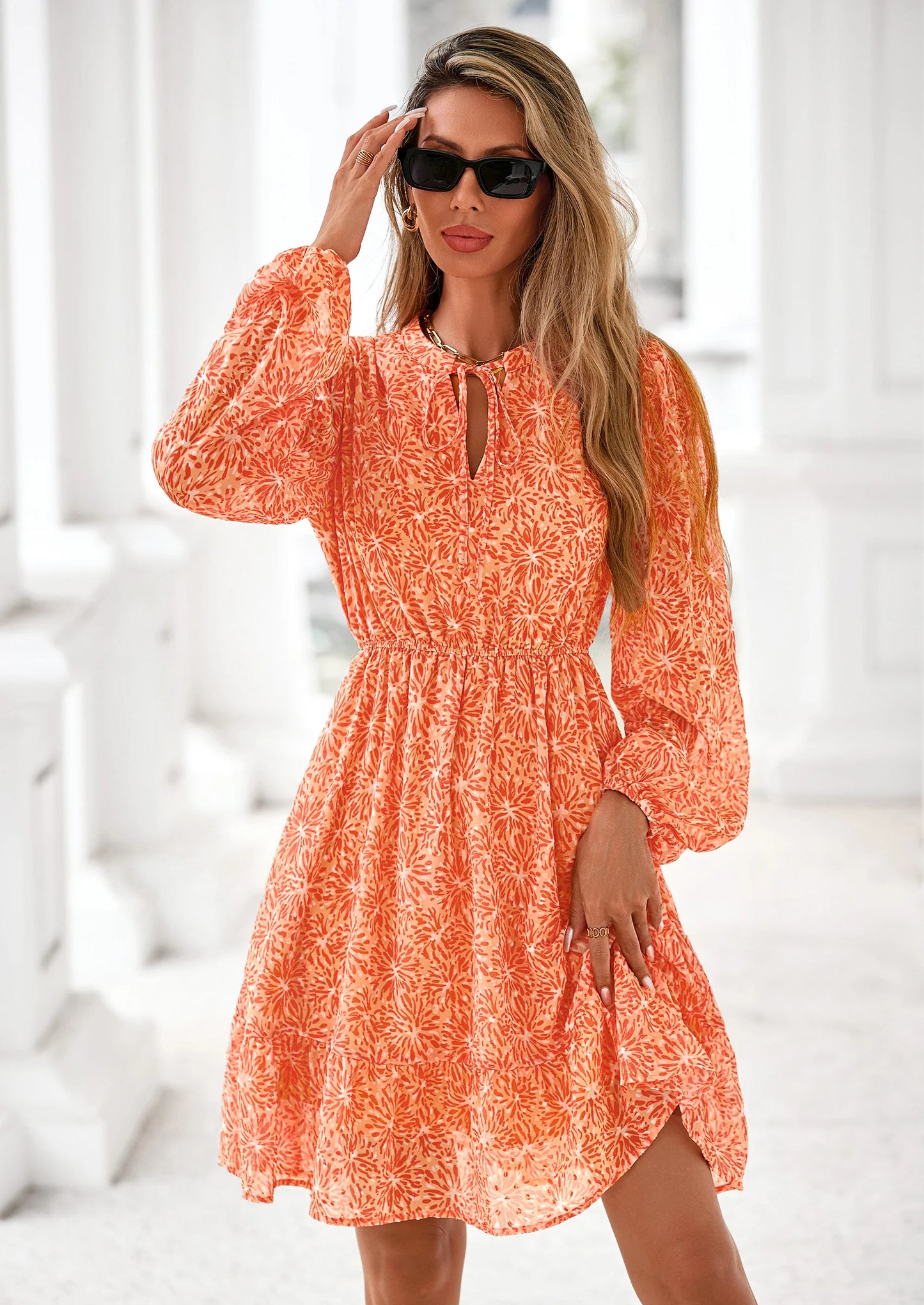 Women's Fall Boho Dresses Floral Long Sleeve V Neck Mini Flowy Wedding Guest Dress Trendy Vacation Outfits