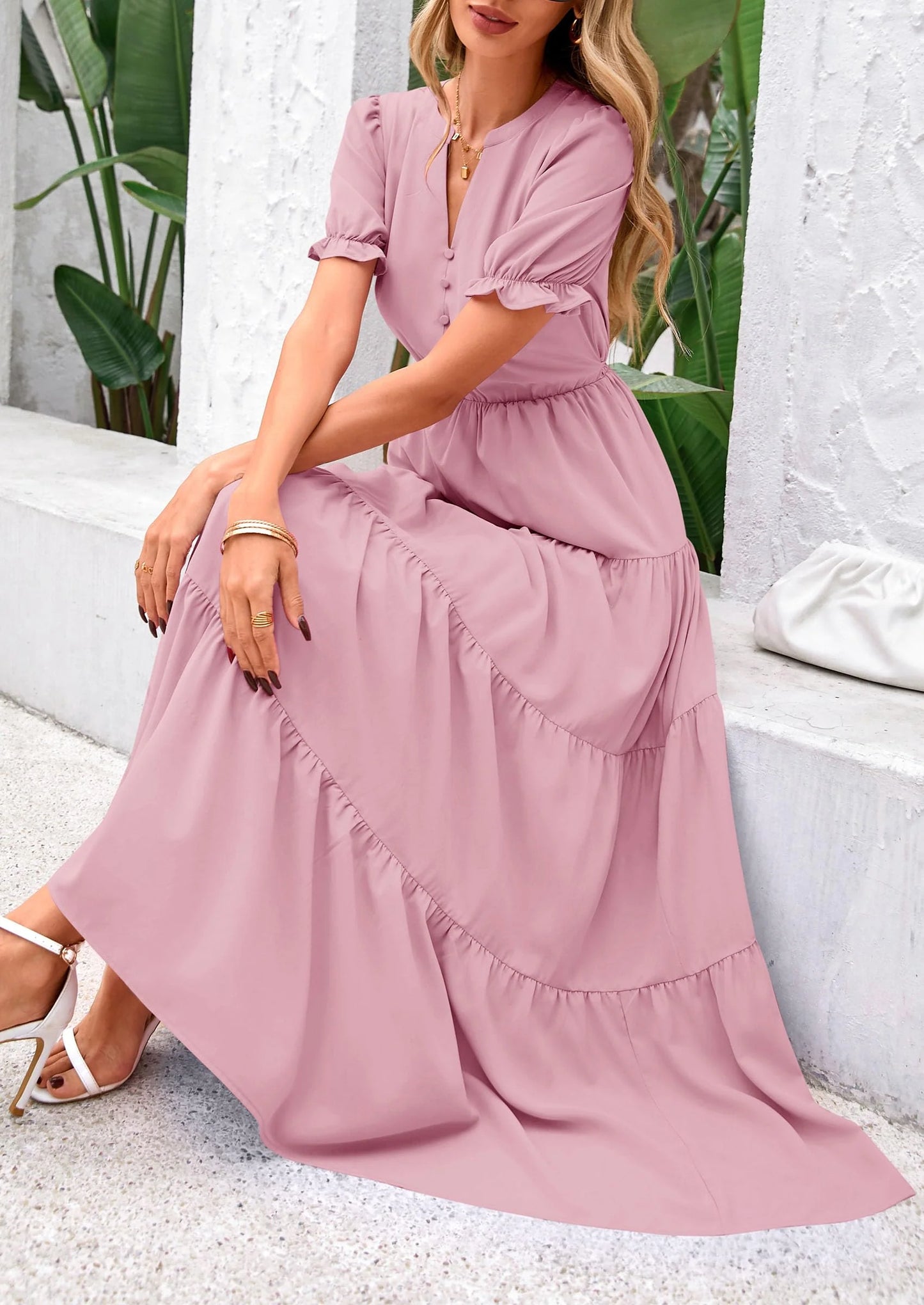 Women's Casual Short Sleeve V Neck Midi Dresses Spring A-line Tiered Wedding Guest Dress