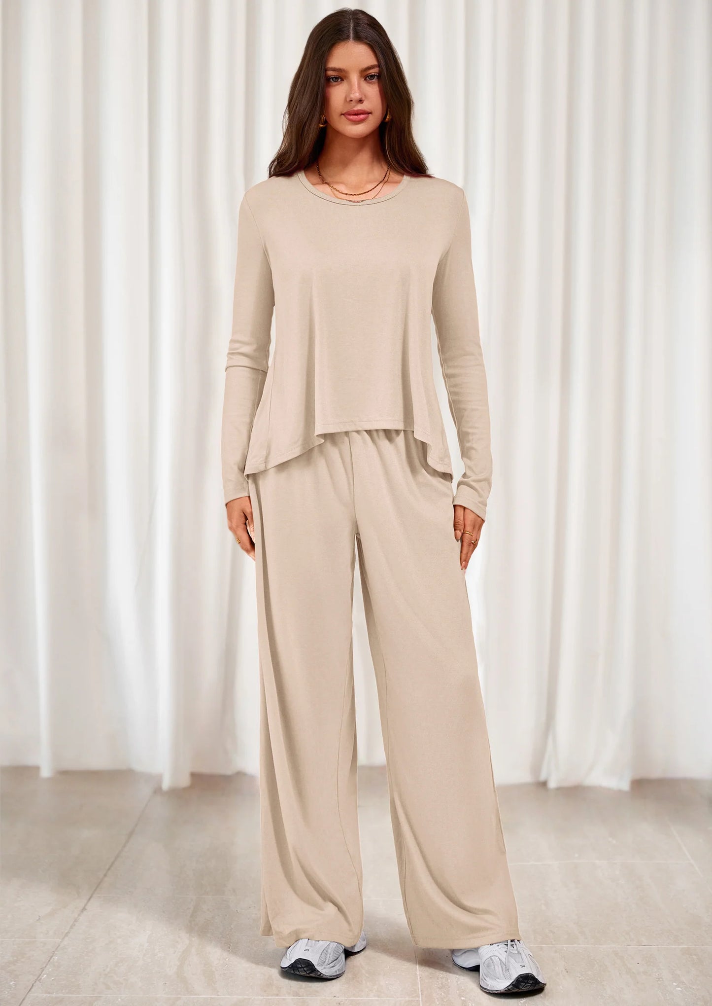 Women's 2 Piece Fall Sets  Casual Long Sleeve Shirts Wide Leg Pants Lounge Travel Outfits Fashion Clothing