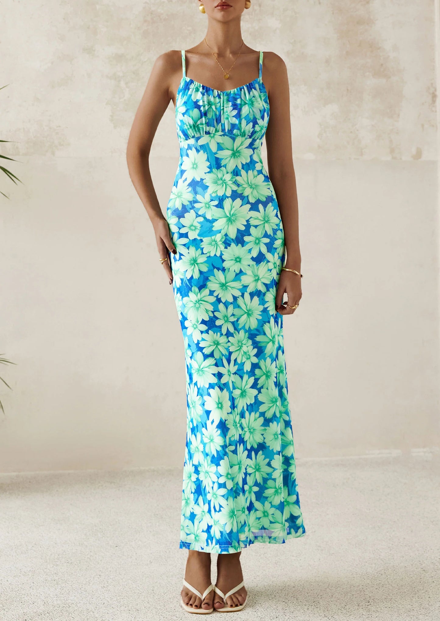 Women's Bodycon Maxi Dress Floral Sundress Sleeveless Spaghetti Strap Cocktail Party Dress