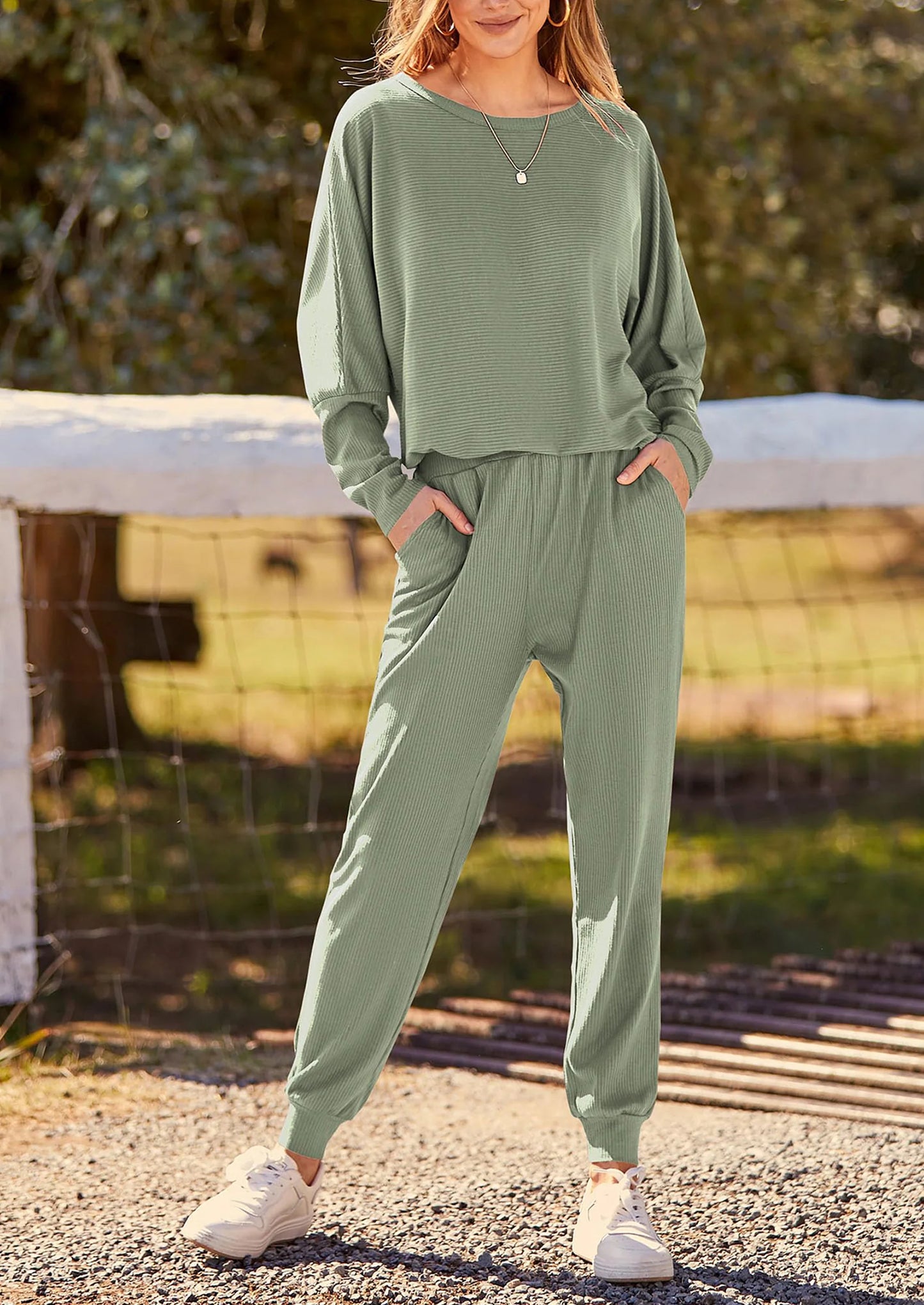 Women's Fall 2 Piece Lounge Set Long Sleeve Tops Ribbed Pants Spring Matching Sweatsuit Travel Outfits Clothes