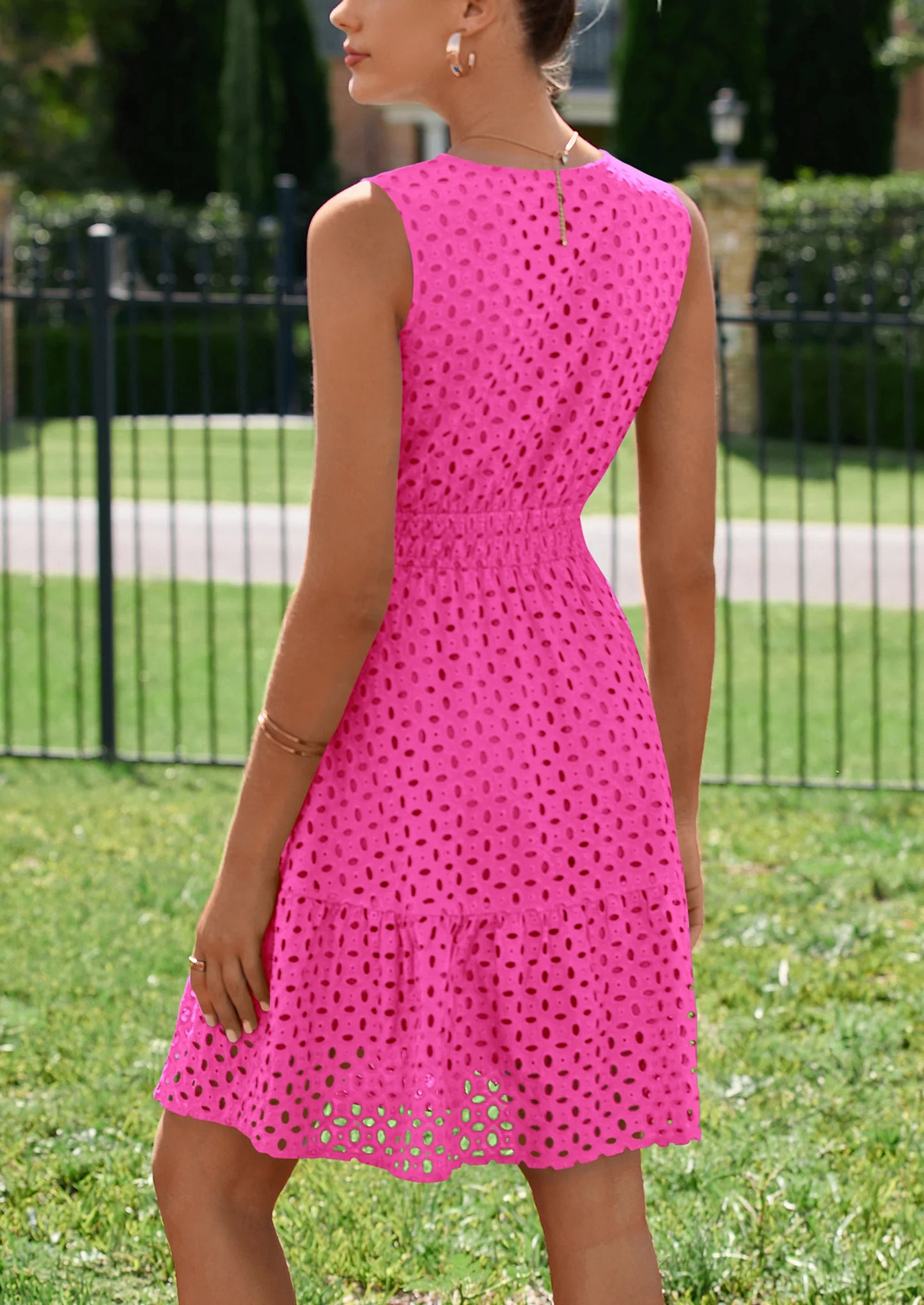 Women's Summer Dresses Sleeveless V Neck Eyelet Hollow Out Swing A Line Beach Vacation Sun Dress