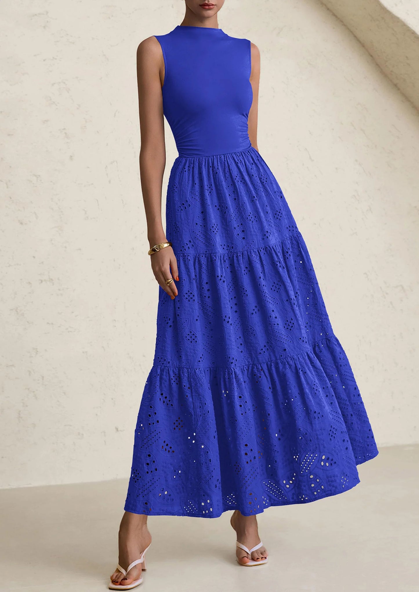 Dresses for Women Casual Eyelet Sleeveless Wedding Guest Maxi Dress Tank Top Sundress with Pockets