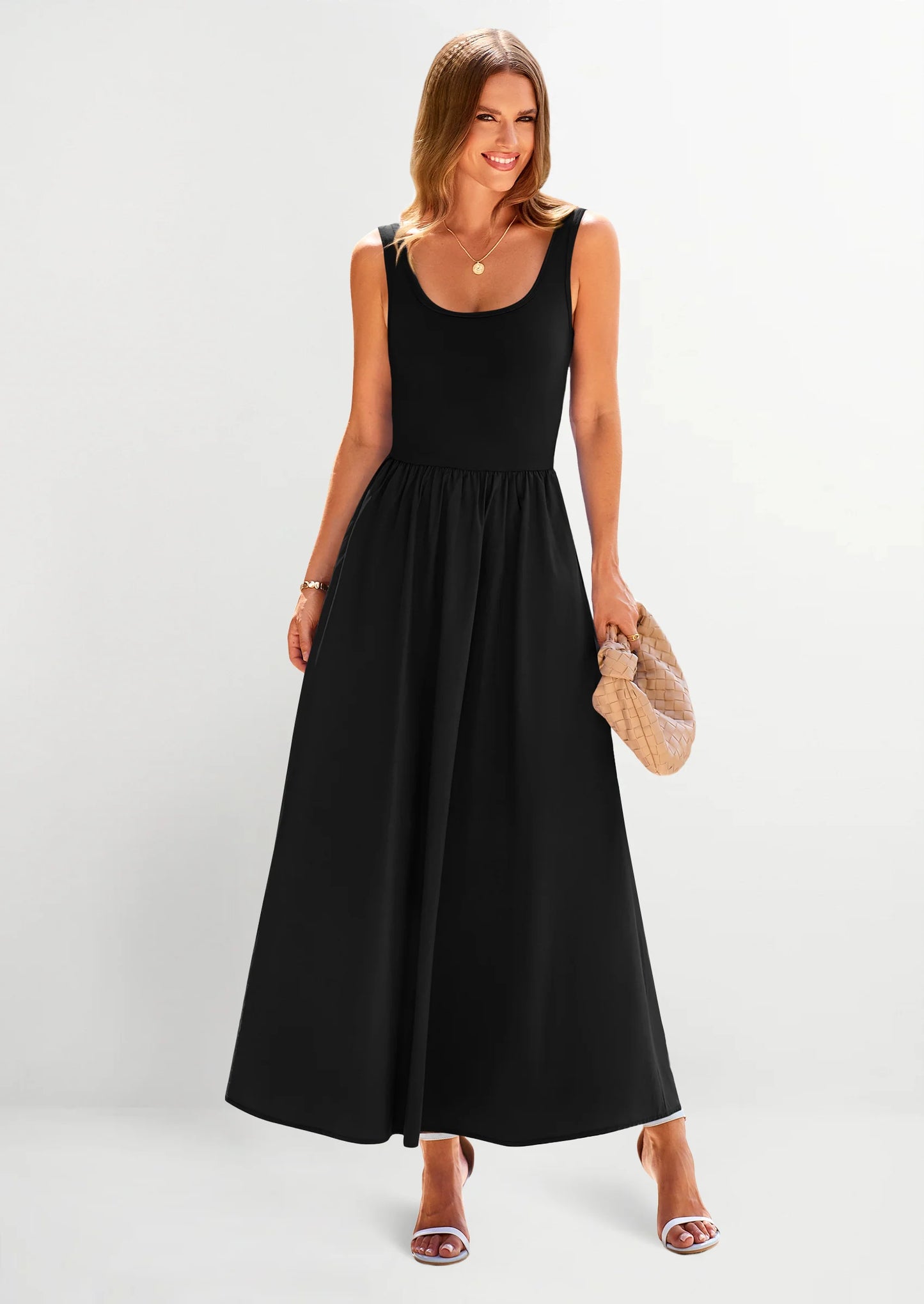 Womens Summer Casual Scoop Neck Sleeveless Long Dresses Tank Top Patchwork Aline Swing Maxi Dress with Pockets