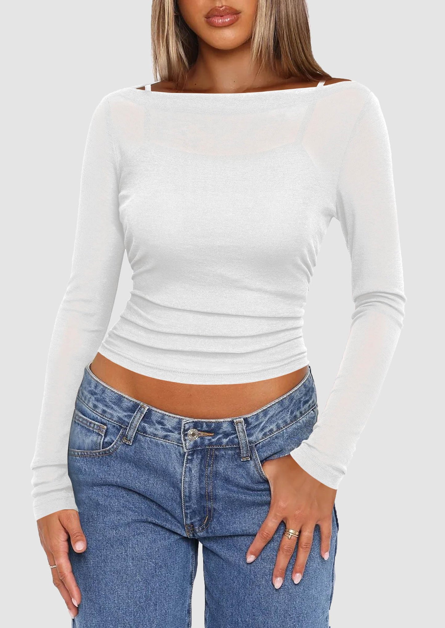 Women's Long Sleeve Sheer Crop Tops Boat Neck See Through Cover Up with Spaghetti Strap Camisole 2 Piece Blouses