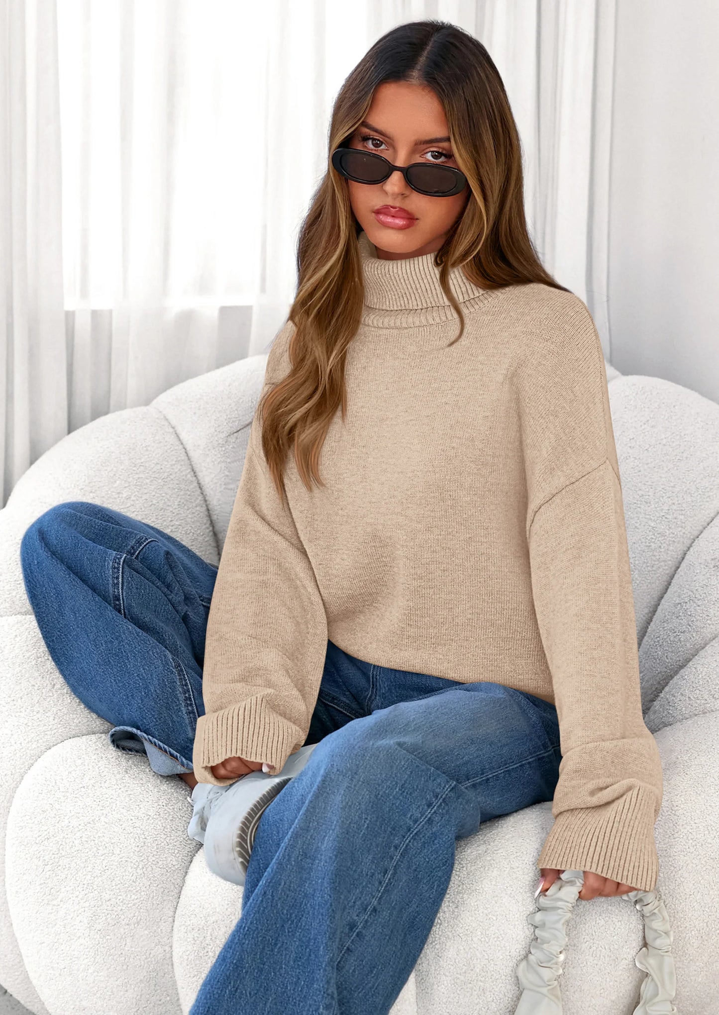 Womens Turtleneck Long Sleeve Sweater Fall Trendy Loose Fit Casual Tops Chunky Knit Pullover Sweaters