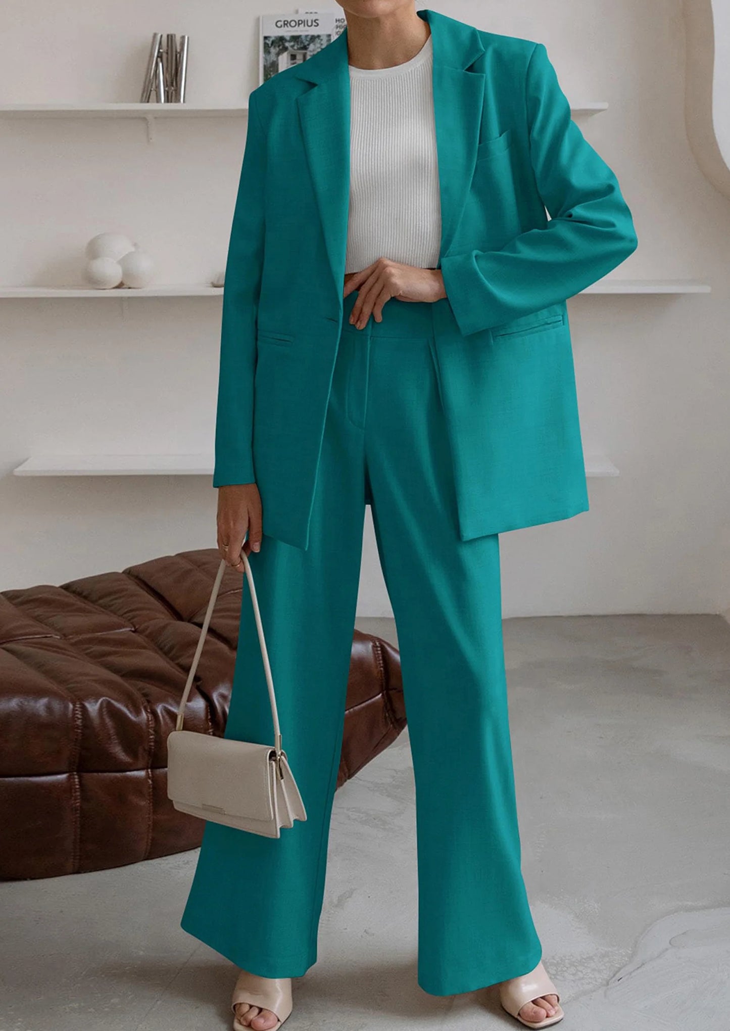 Women's Fall Two Piece Outfits Dressy Blazer Jacket and Wide Leg Pants Pockets Business Casual Office Suit Sets