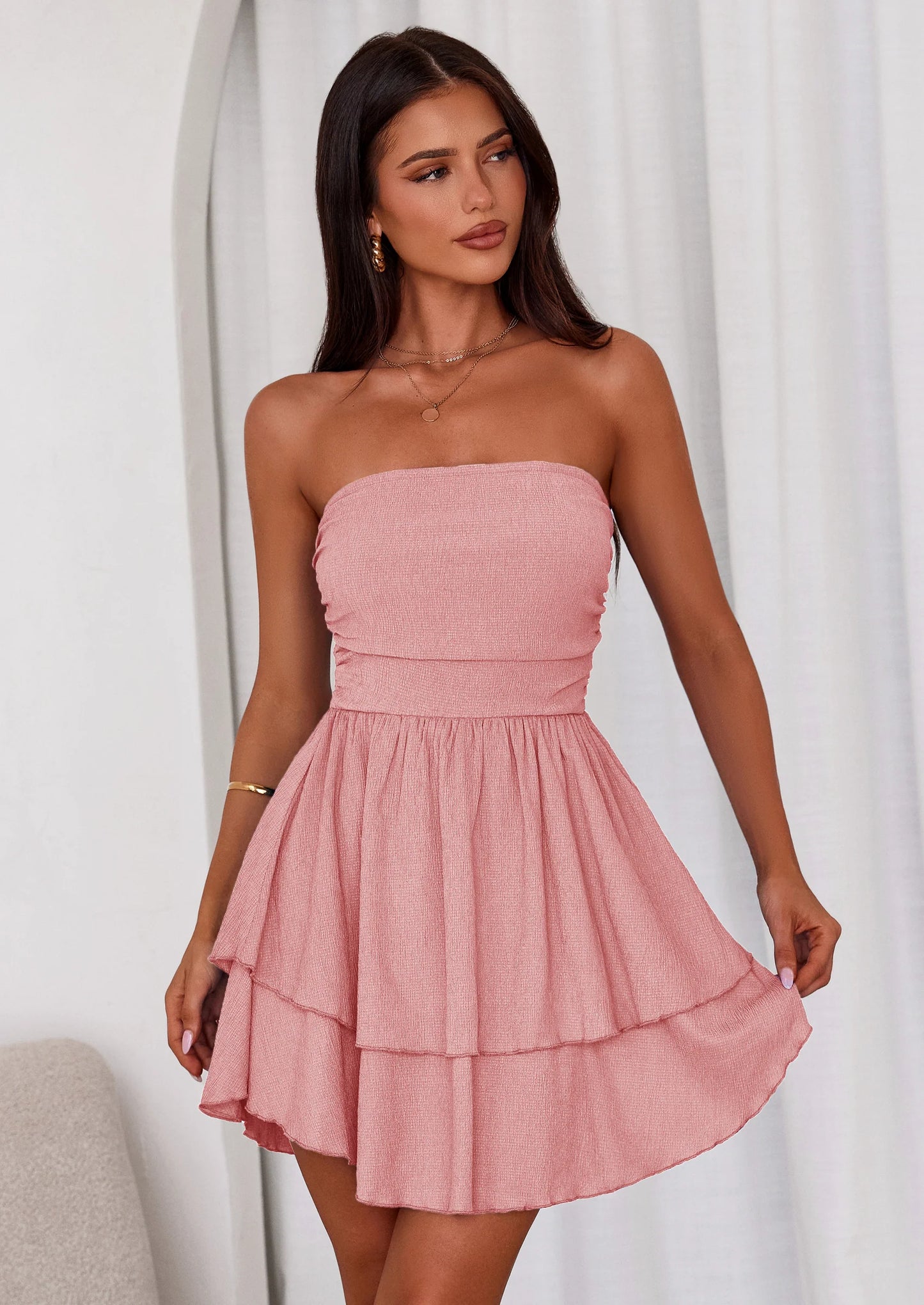 Women's Summer Strapless Tube Mini Dress Off Shoulder Smocked Ruffle A Line Flowy Short Party Club Dresses