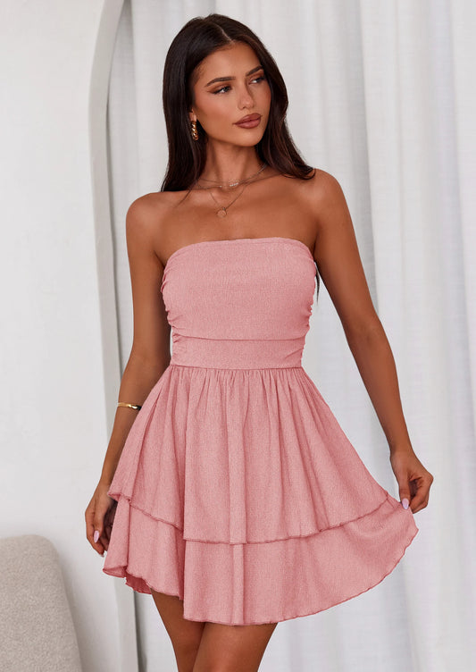 Women's Summer Strapless Tube Mini Dress Off Shoulder Smocked Ruffle A Line Flowy Short Party Club Dresses