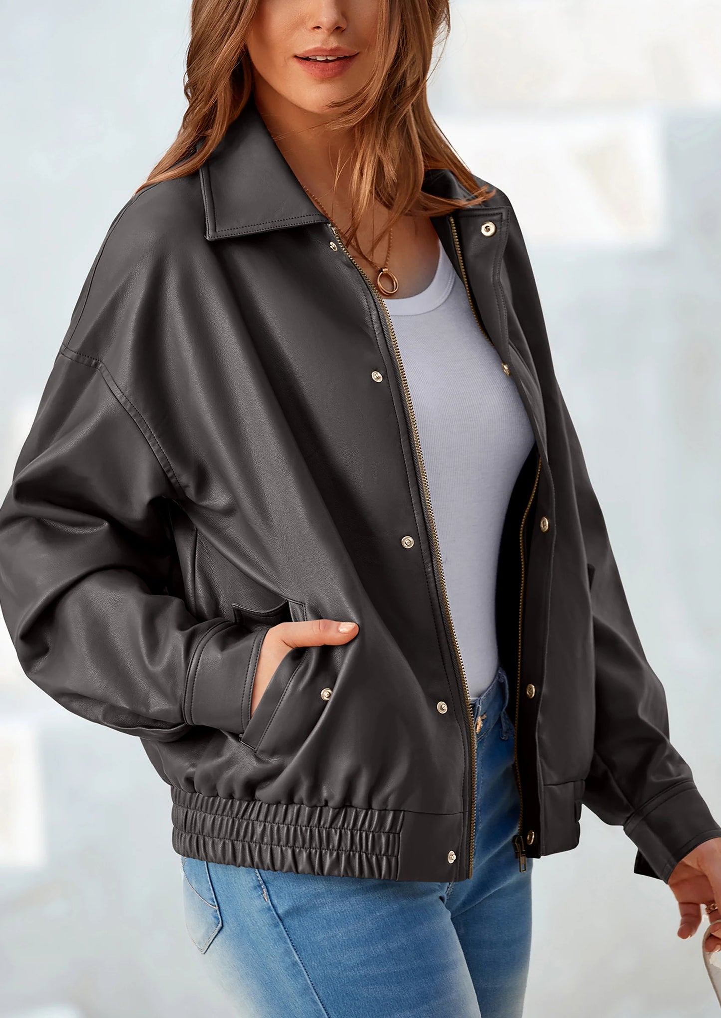 Women's Faux Leather Motorcycle Jacket Trendy Fall Spring Clothes Oversized Zip Up Winter Coat Outerwear