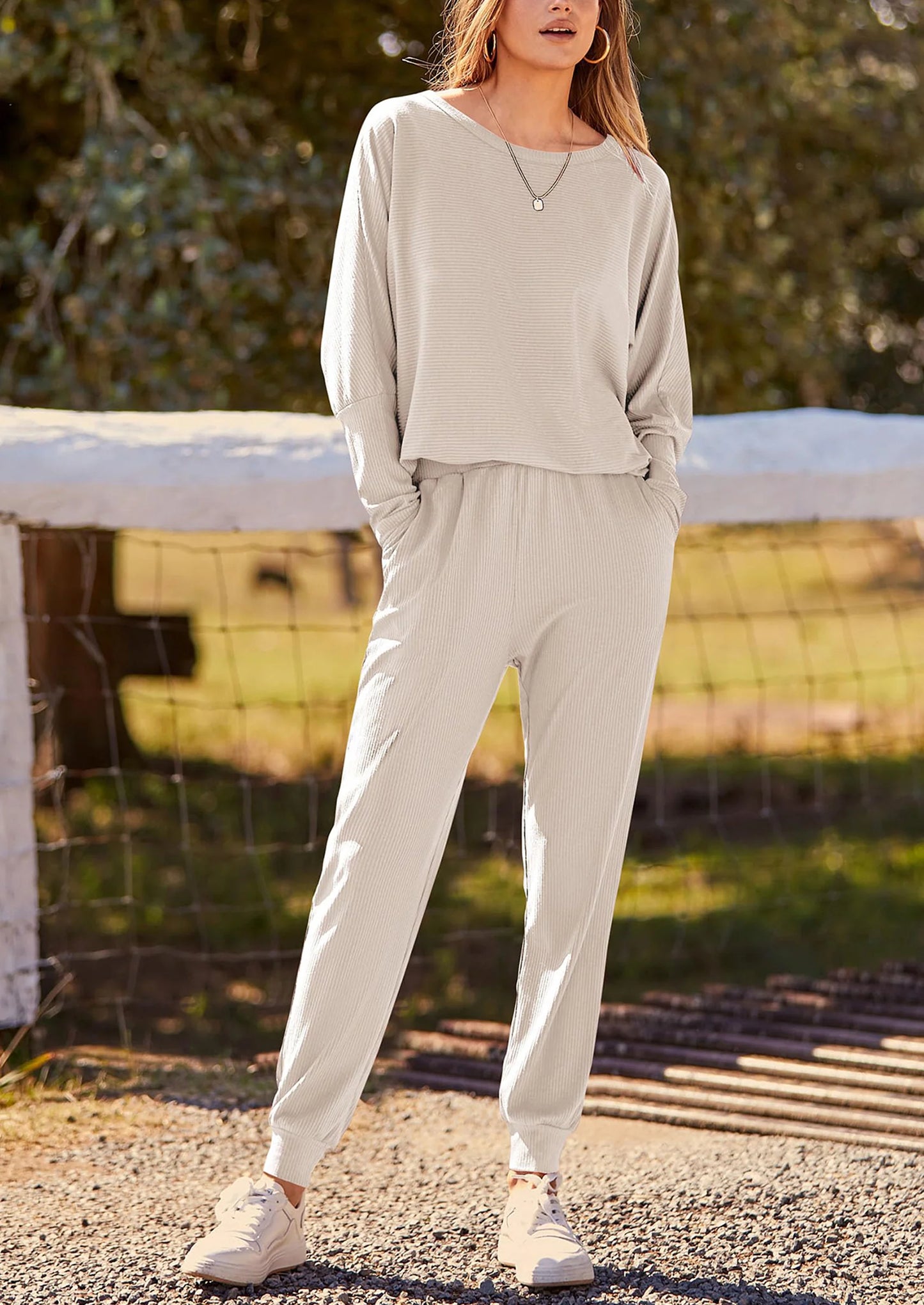 Women's Fall 2 Piece Lounge Set Long Sleeve Tops Ribbed Pants Spring Matching Sweatsuit Travel Outfits Clothes