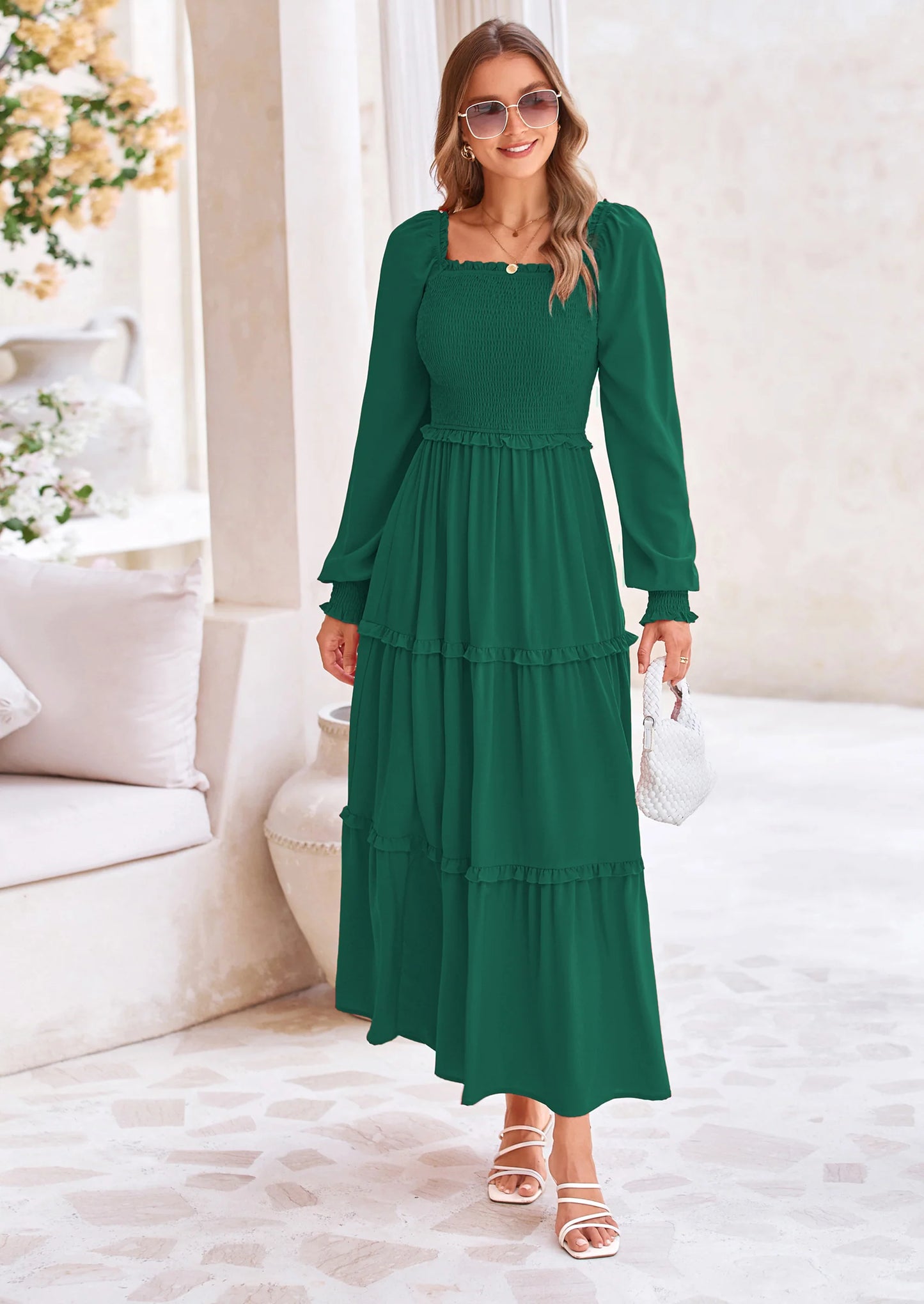 Fall Wedding Guest Dresses for Women Long Sleeve Square Neck Tiered A Line Modest Elegant Flowy Dresses