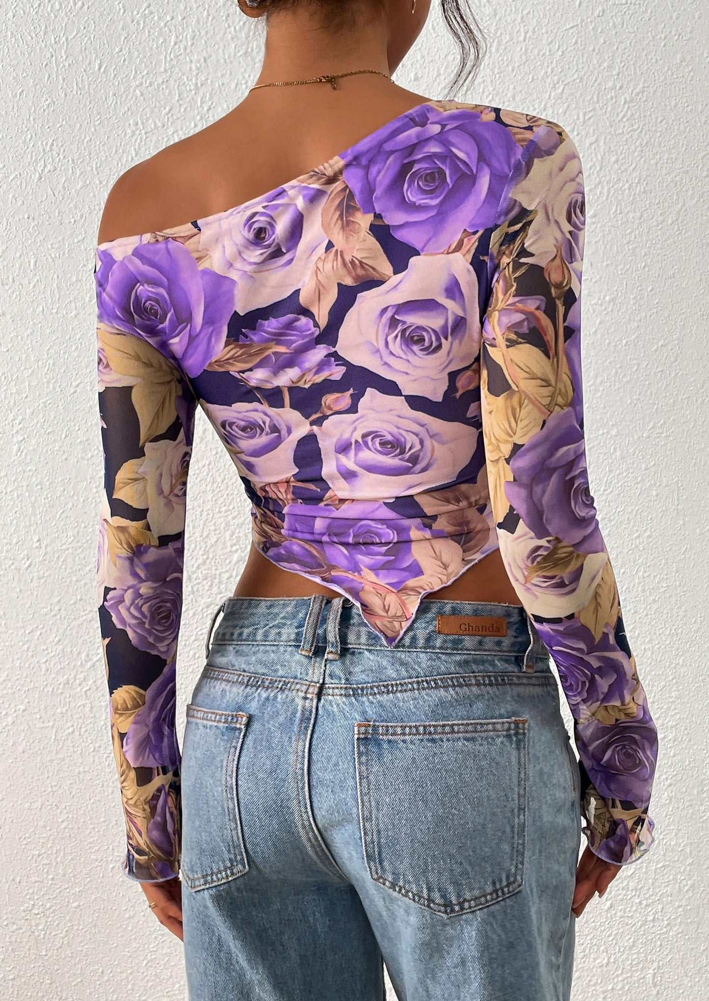 Womens Fall Trendy Off Shoulder Tops Tie Dye Mesh Long Sleeve Shirts Asymmetrical Ruched Floral Blouse
